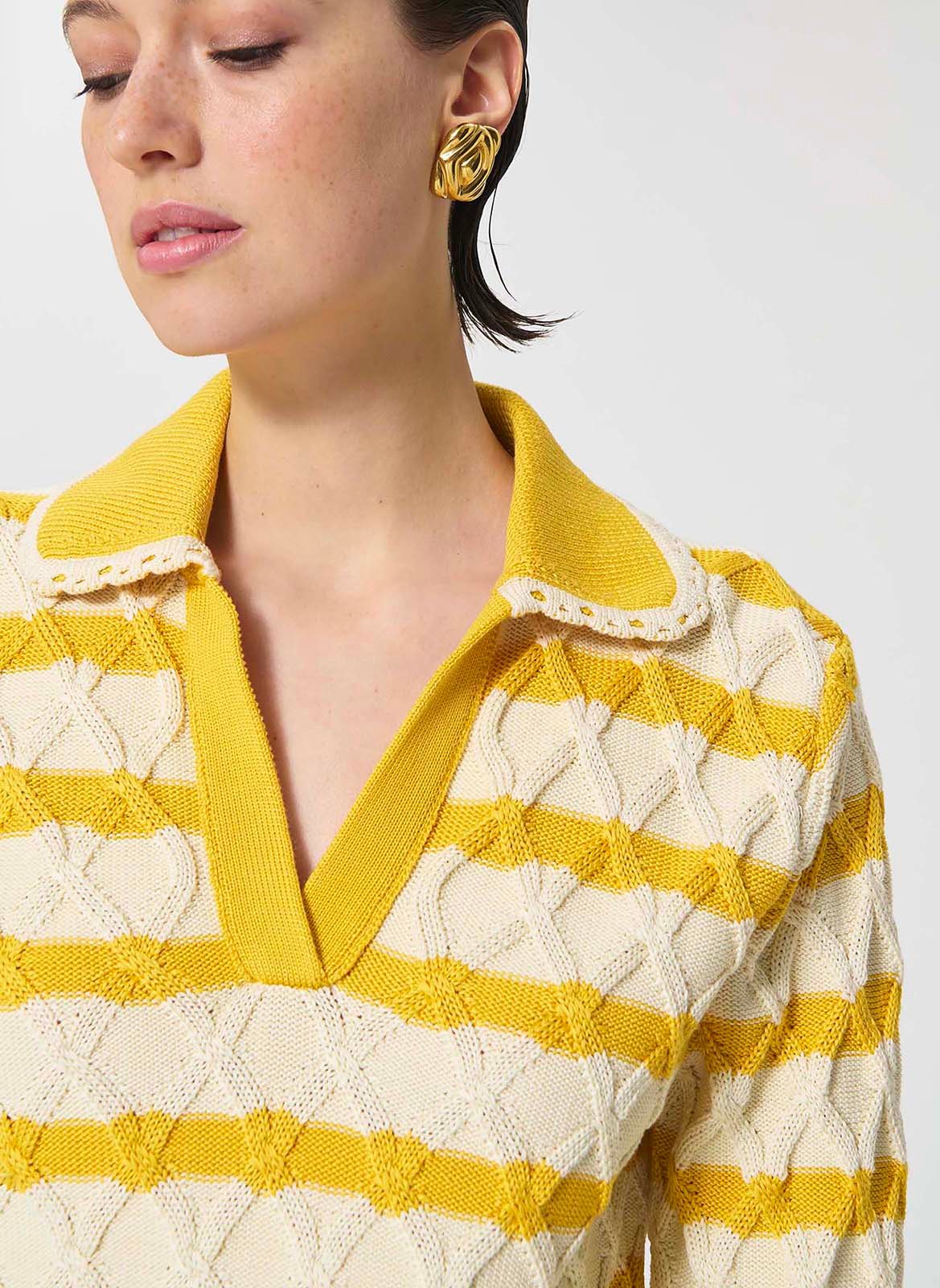 Pull droit col V à rayures en coton TARA JARMON Jaune