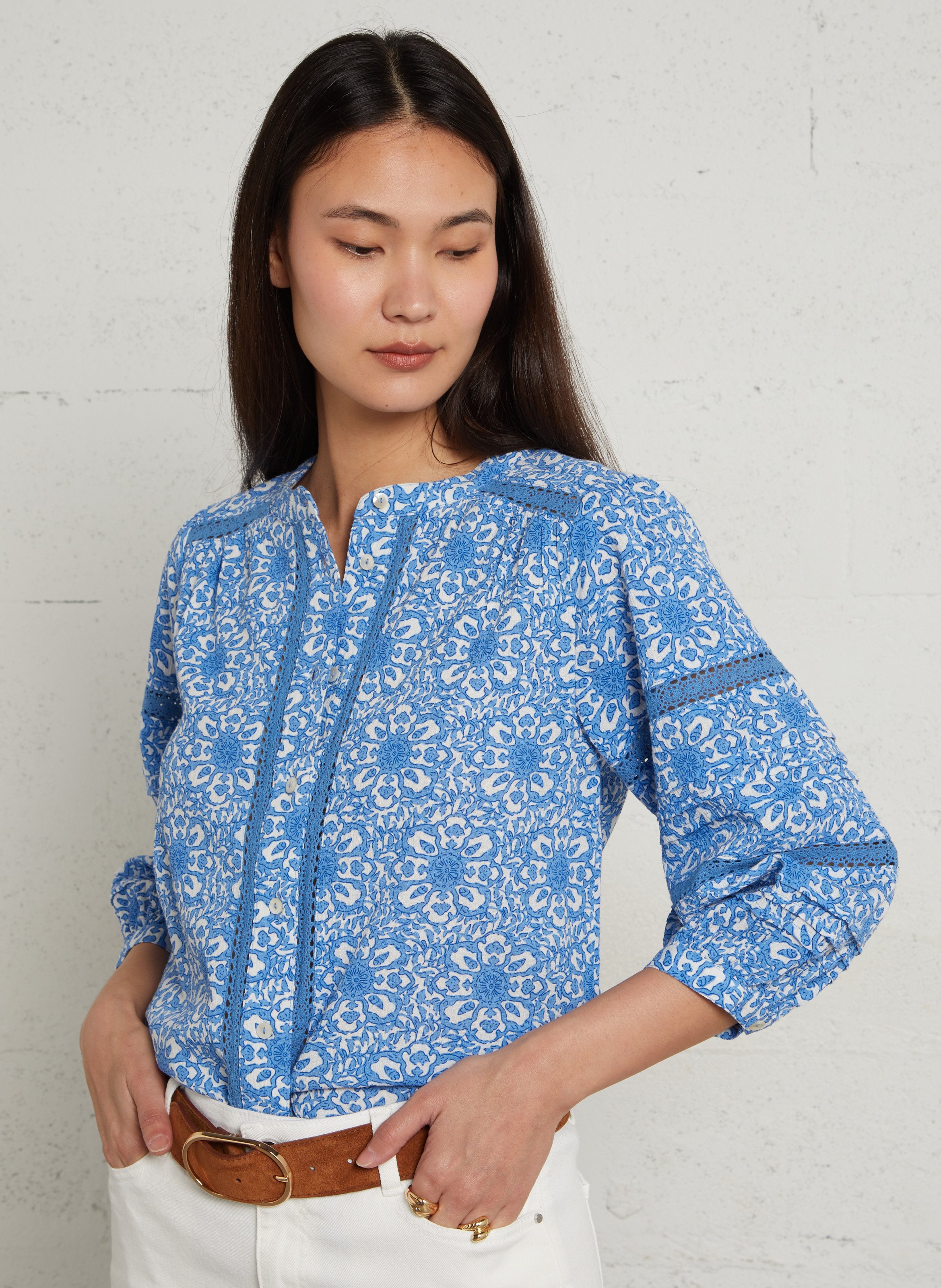 Rechte bedrukte blouse van gemengd katoen MAISON 123 Blauw
