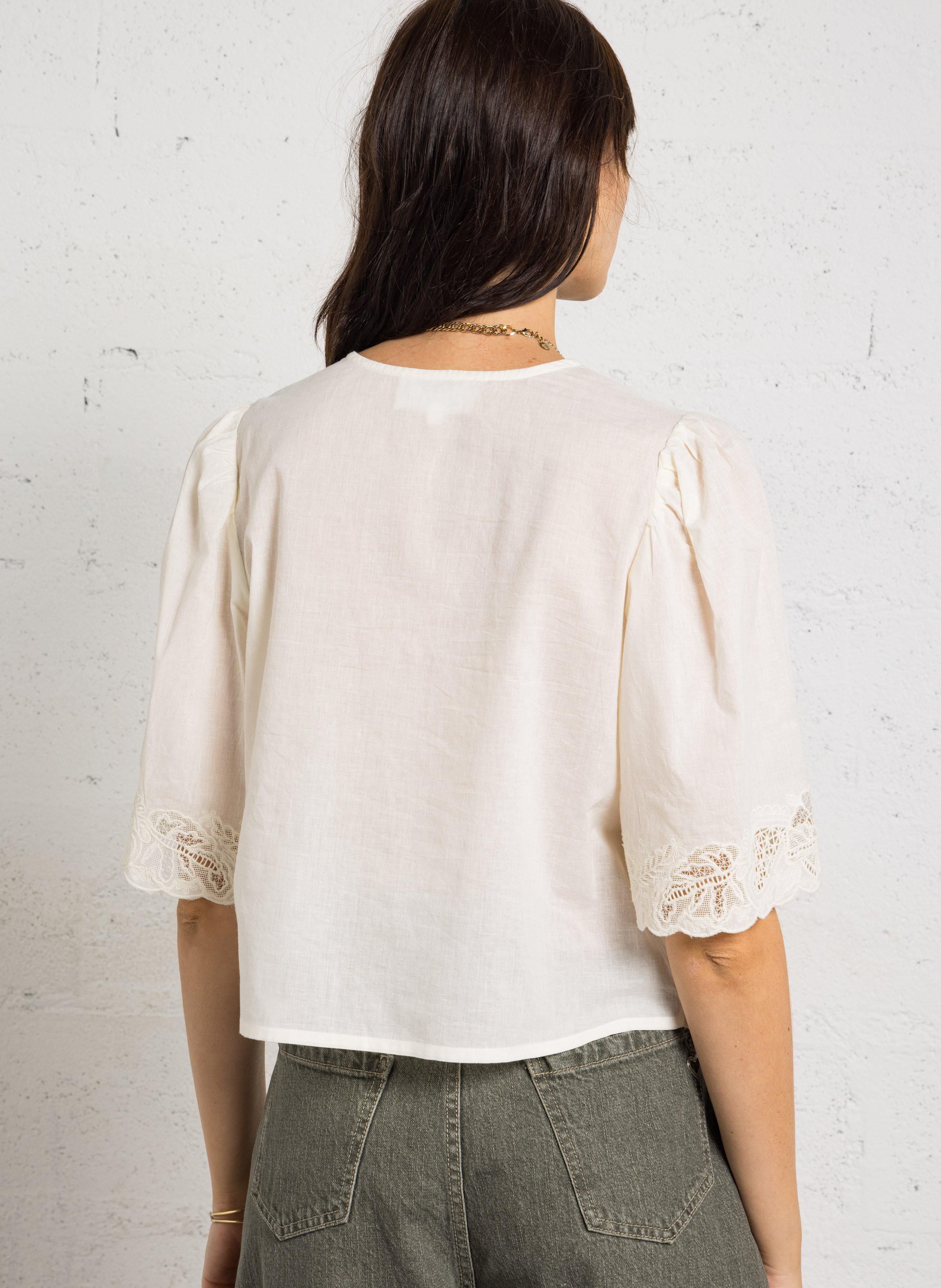 Straight-fit katoenen blouse met V-hals en borduurwerk SUD EXPRESS Beige