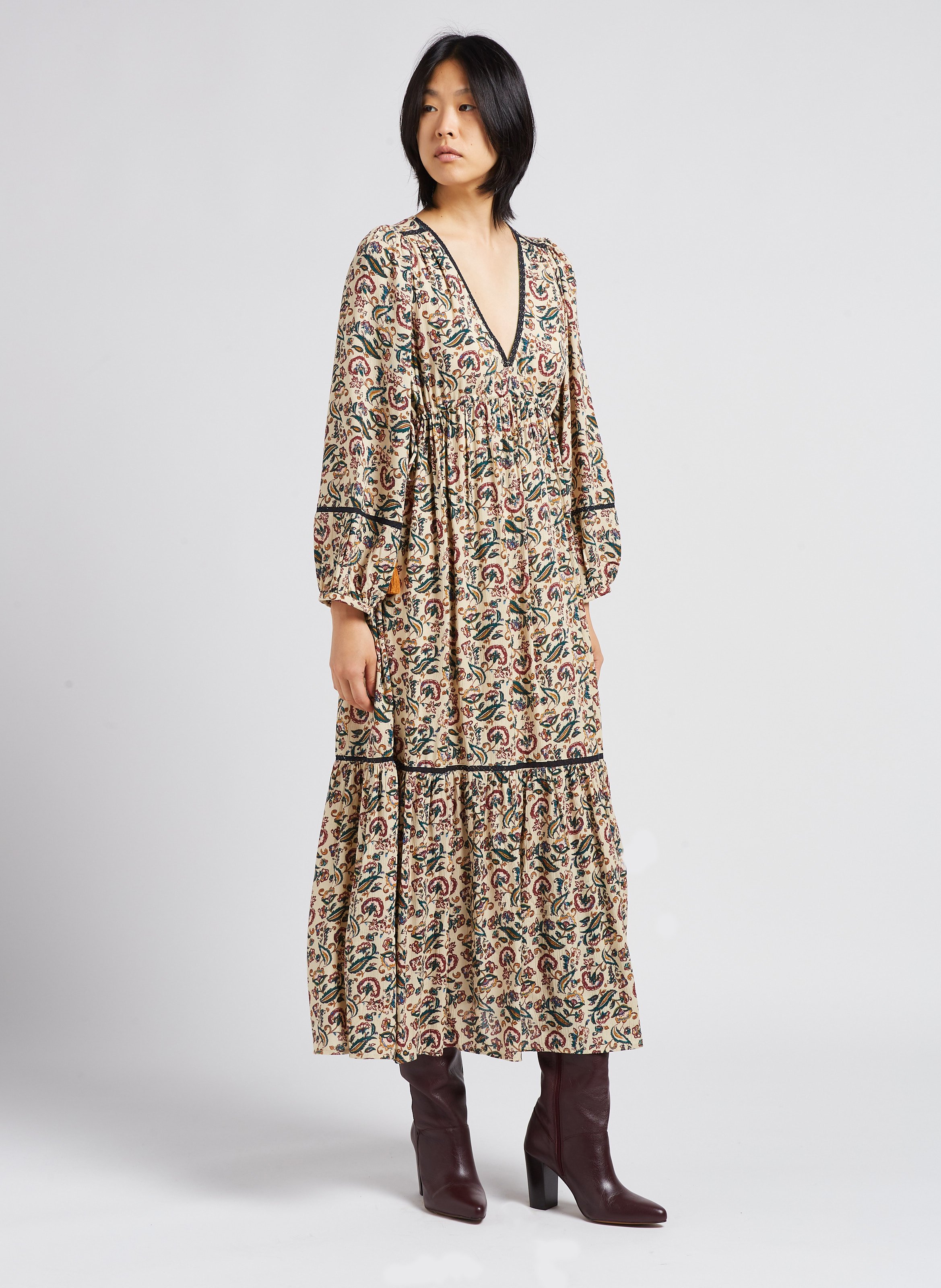 Long Floral Print Dress Cream Wild Leaf Louise Misha Women