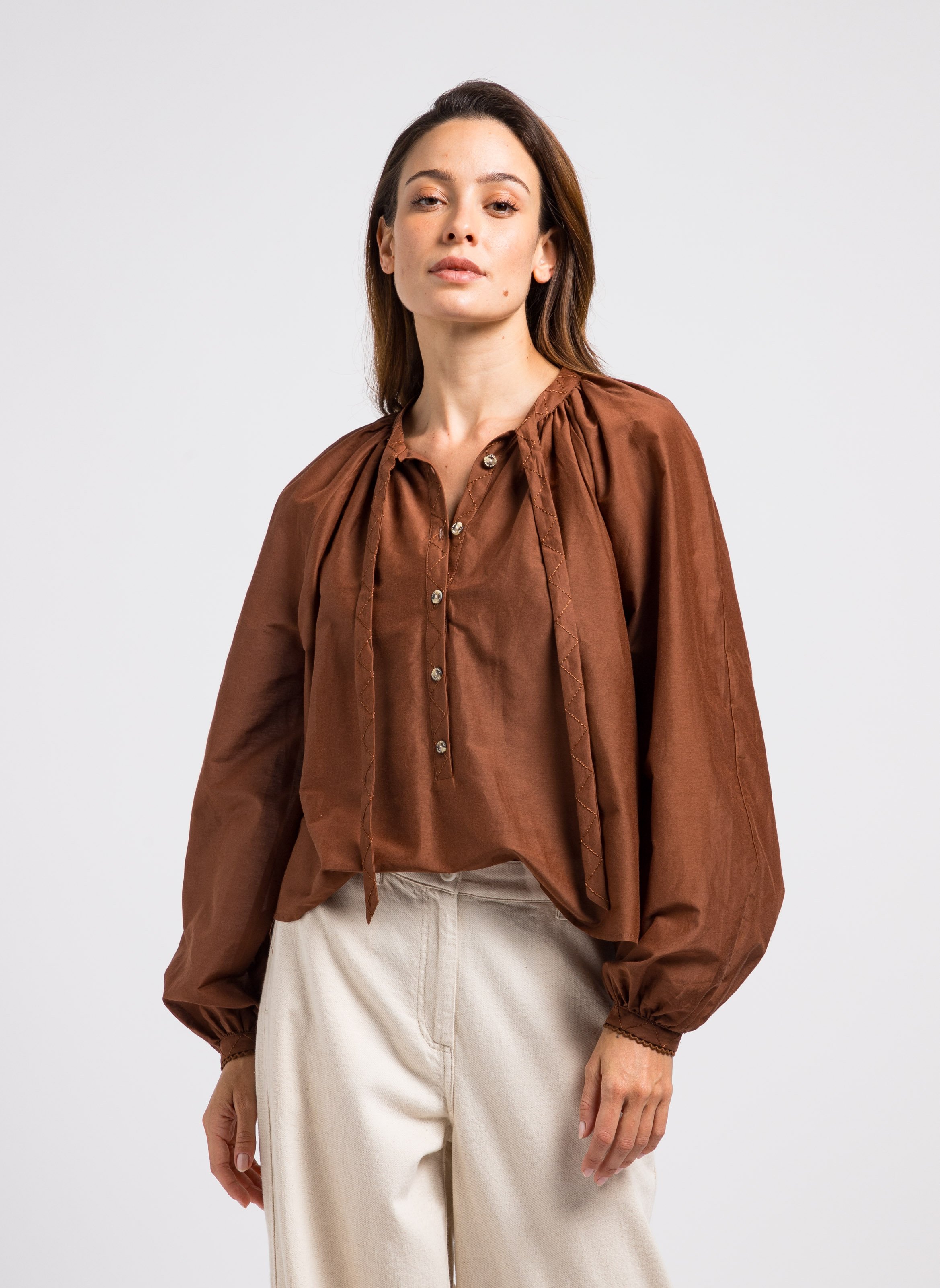 Chemise ample en coton et soie LOVE STORIES Marron