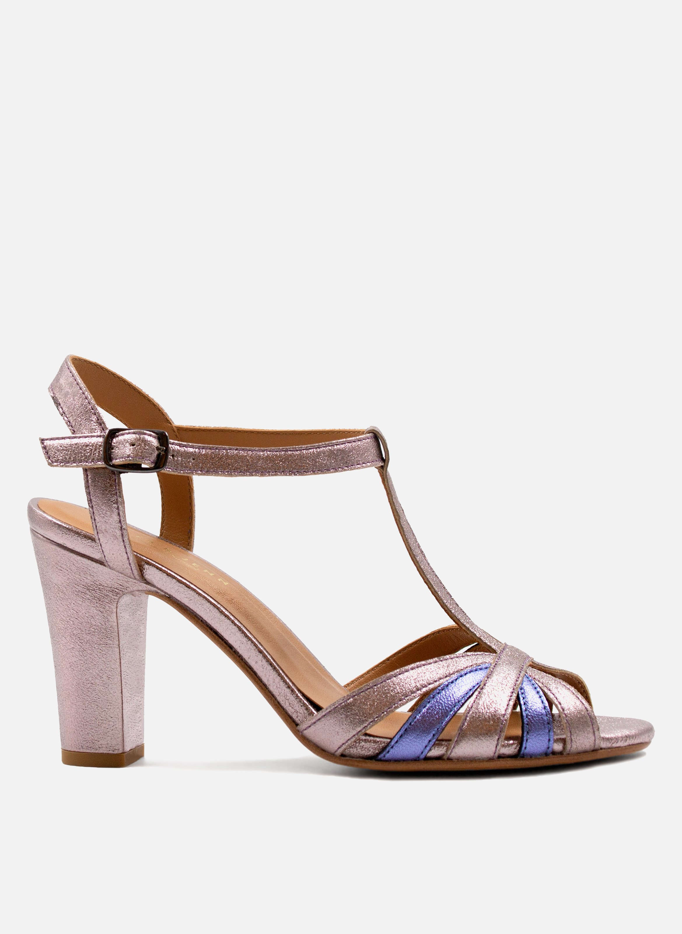 Metallic leather strap sandals with heels JULES & JENN Silver