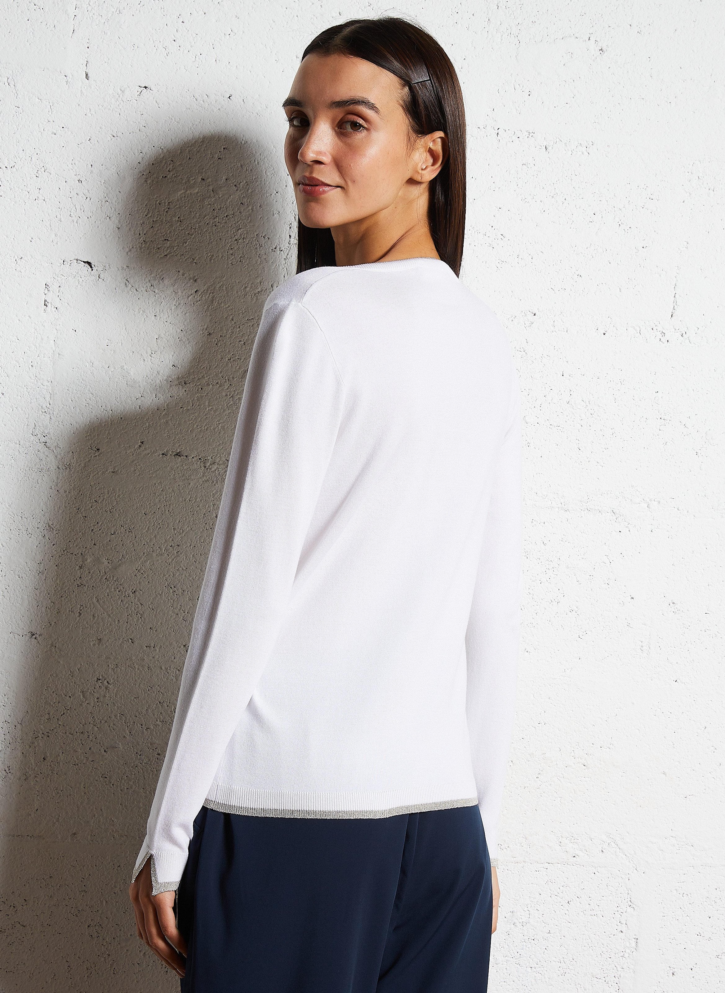 Pull col v à liseré pailleté LIU JO Blanc