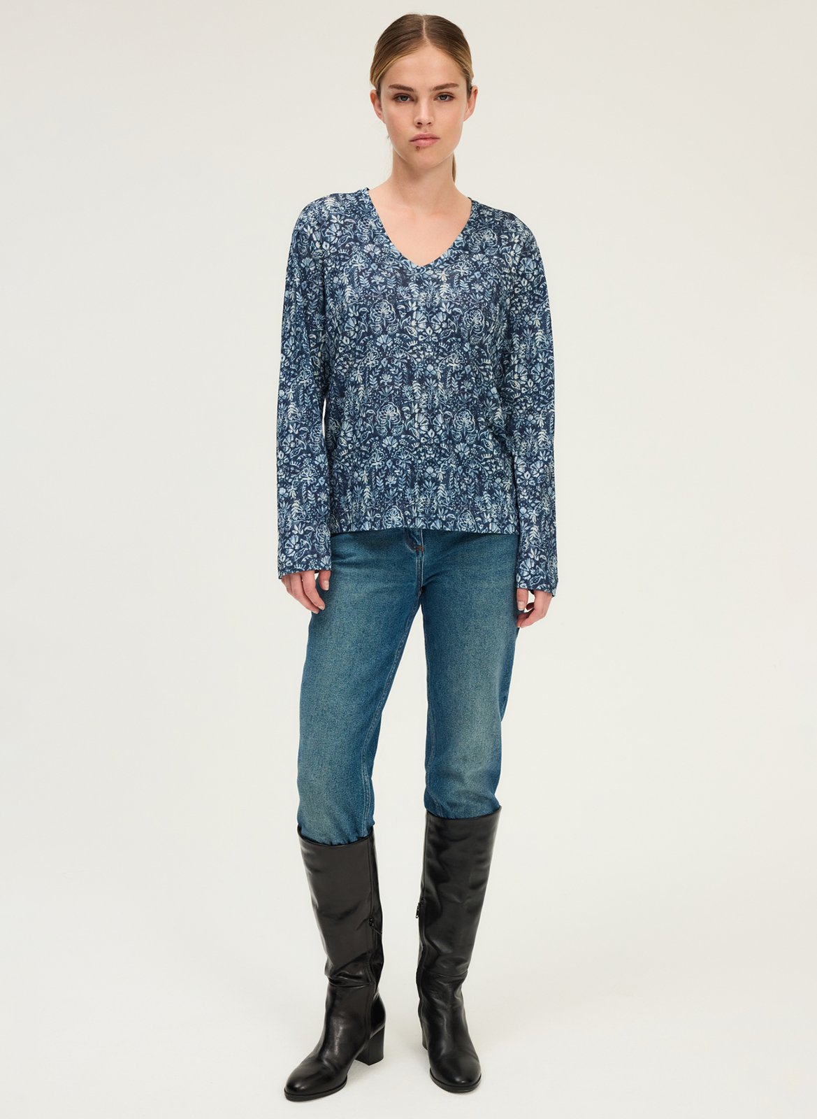 Top col v imprimé en coton mélangé PABLO Bleu