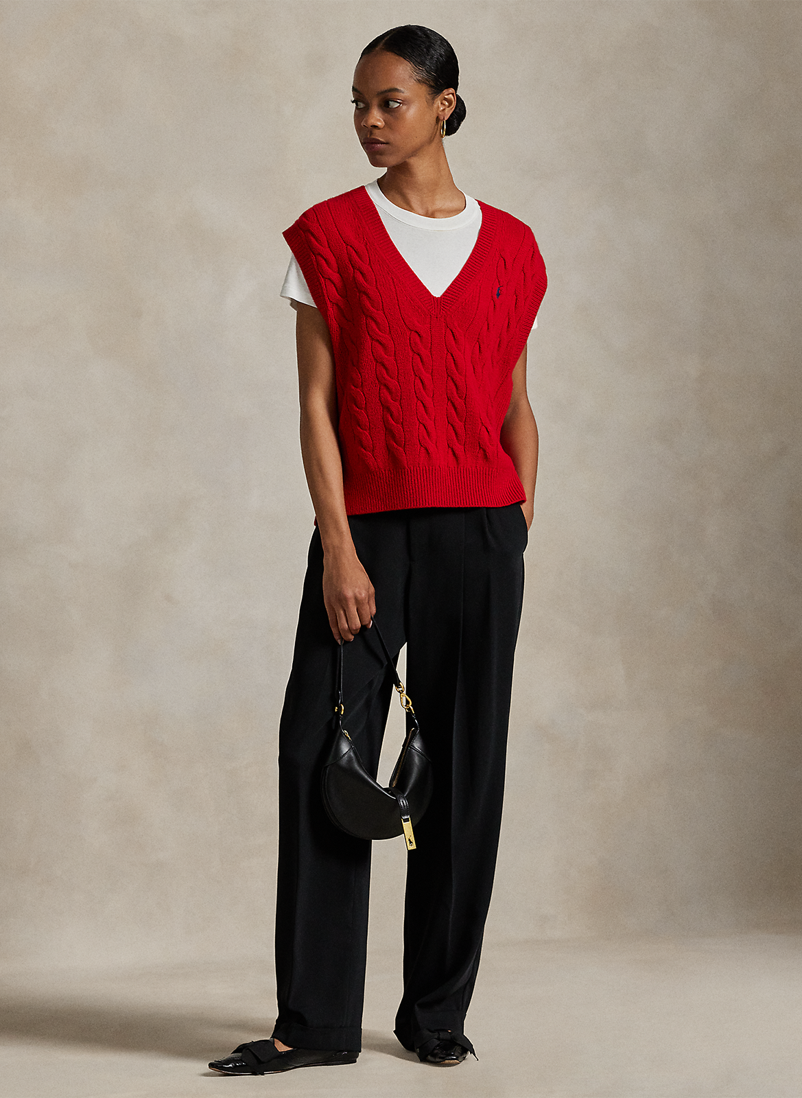 Pull droit col V en laine mélangée POLO RALPH LAUREN Rouge