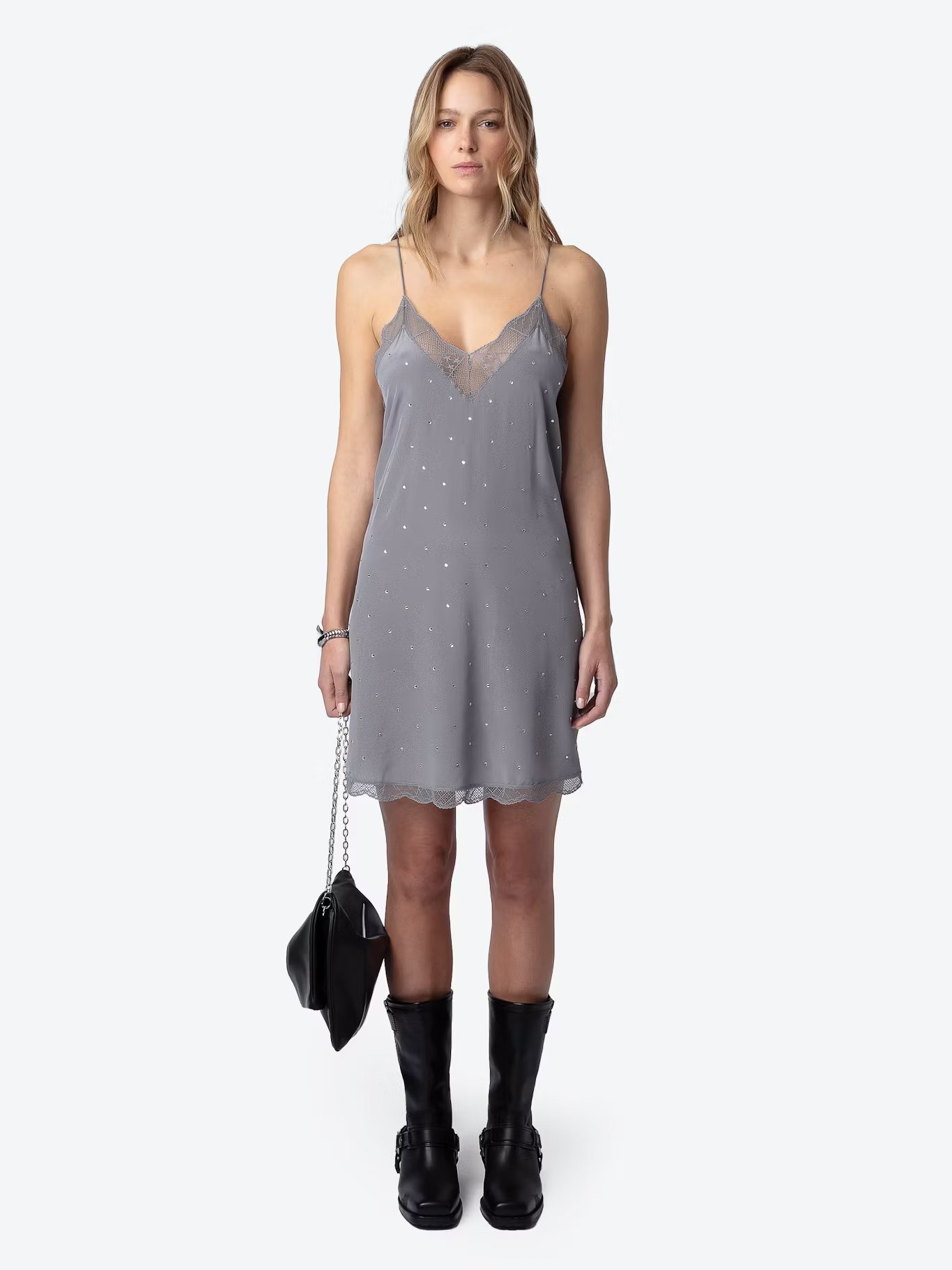 Robe courte caraco à strass en soie  ZADIG&VOLTAIRE Gris