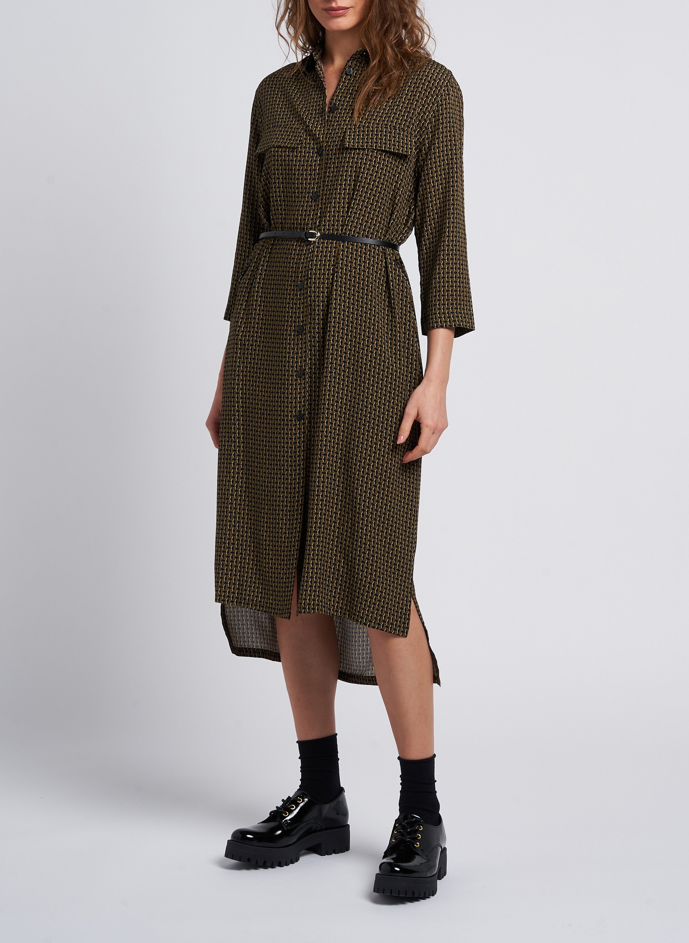 Printed midi dress with classic collar PLEASE Green