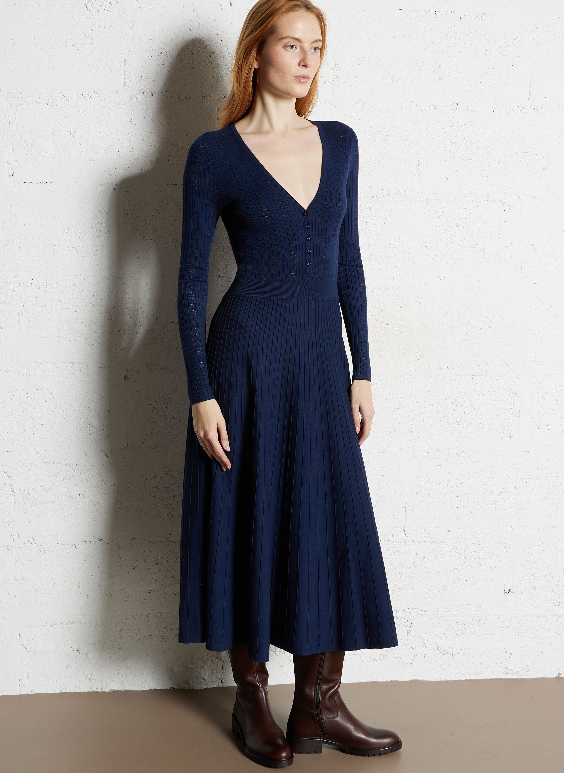 Midi dress with plunge V-neck PETITE MENDIGOTE Blue
