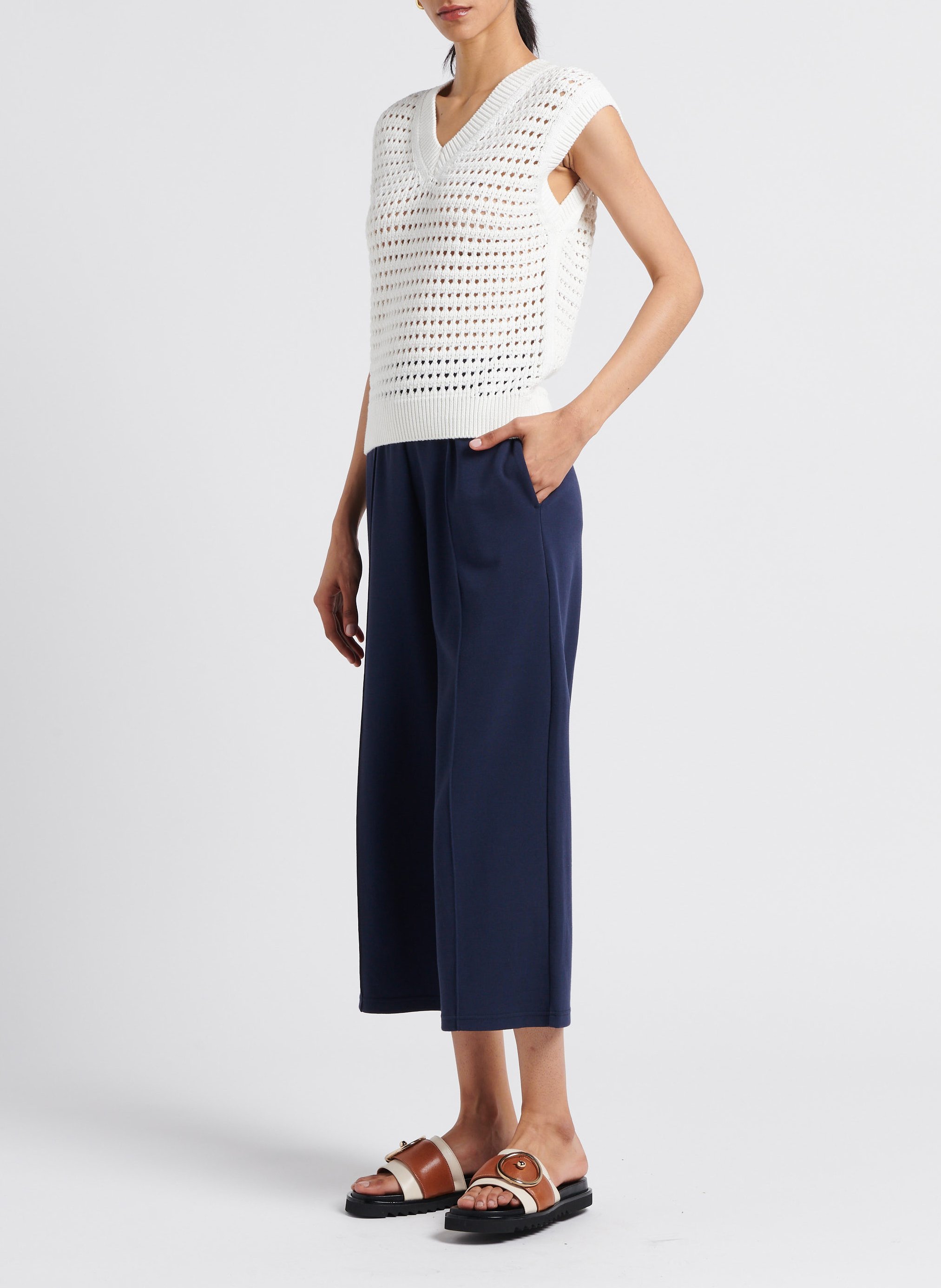 V-neck openwork cotton-blend sleeveless sweater MAX MARA LEISURE White