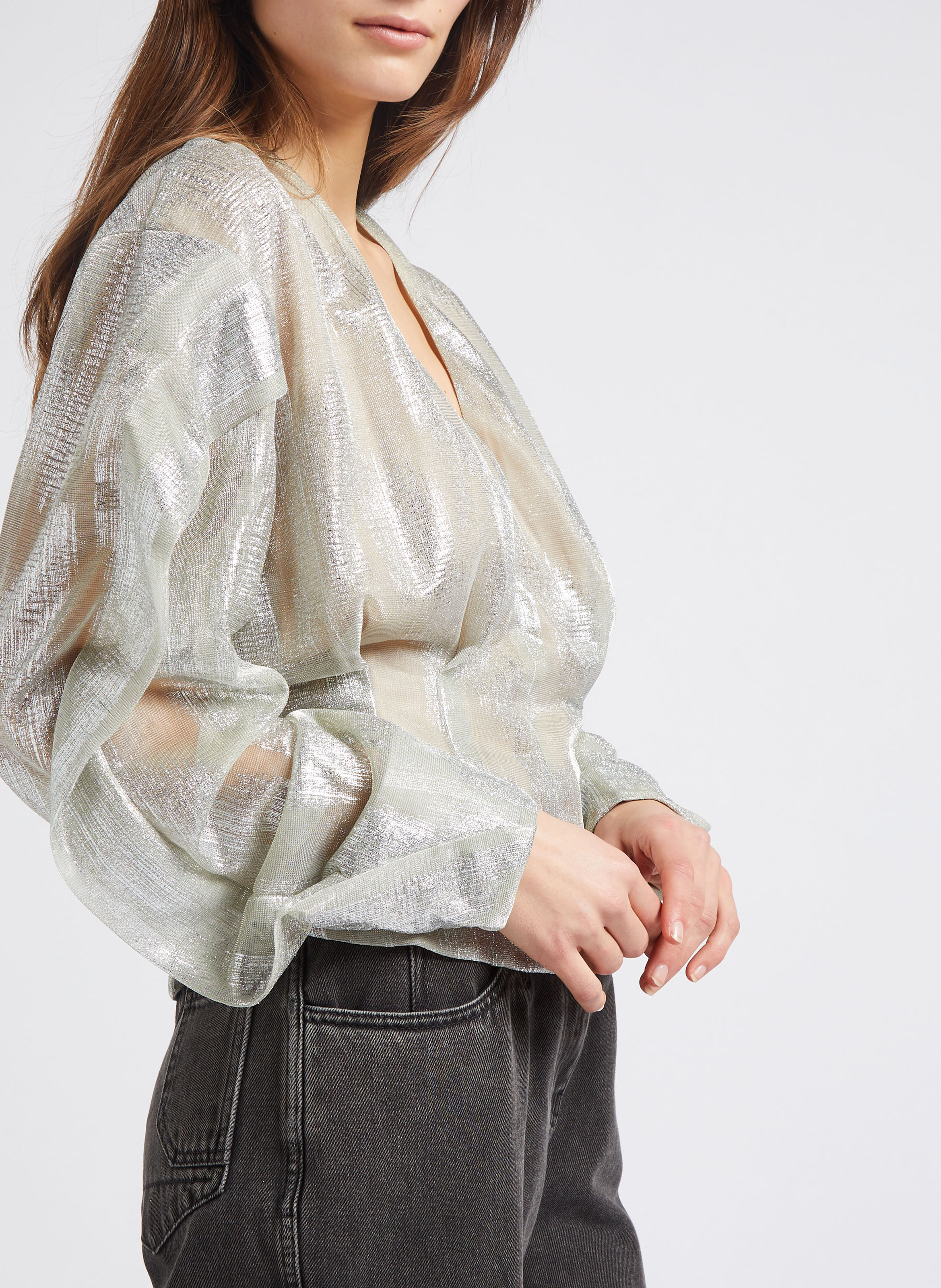 Top col V jacquard métallisé  IRO Argent