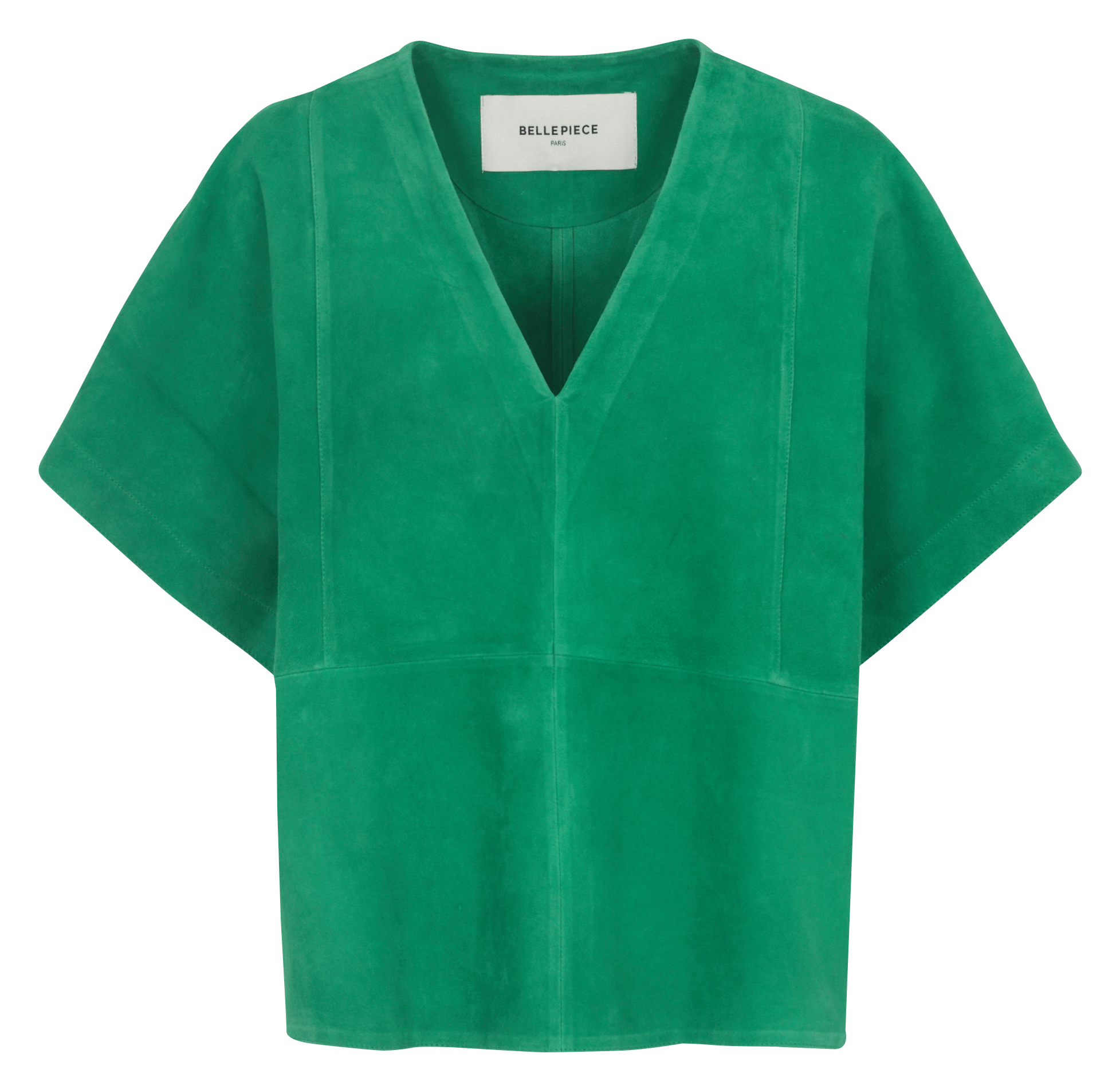 Flared V-neck top with short sleeves in suede BELLEPIECE Green