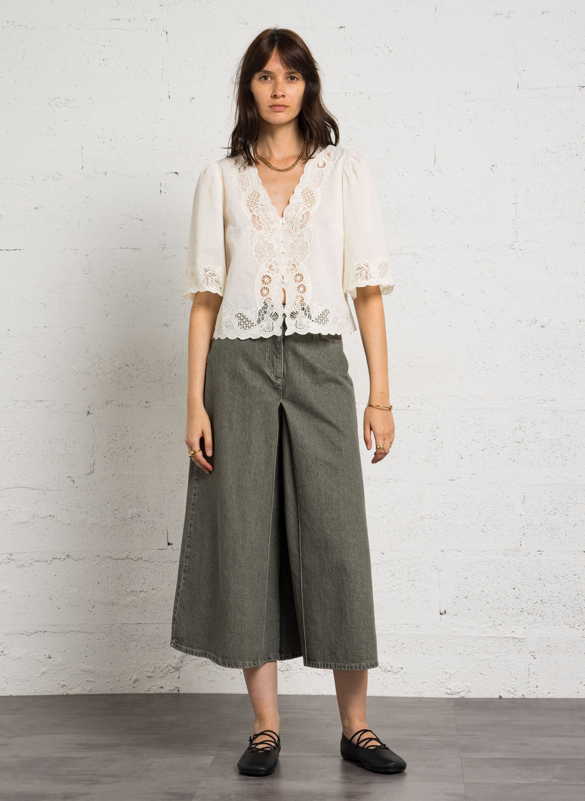 Cotton blend denim culotte skirt PLEASE Green