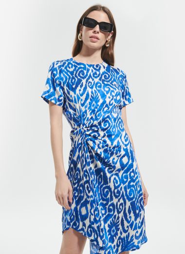 Melaina Mini Dress - Collared Zip Front Belted Denim Dress in Mid Blue Wash
