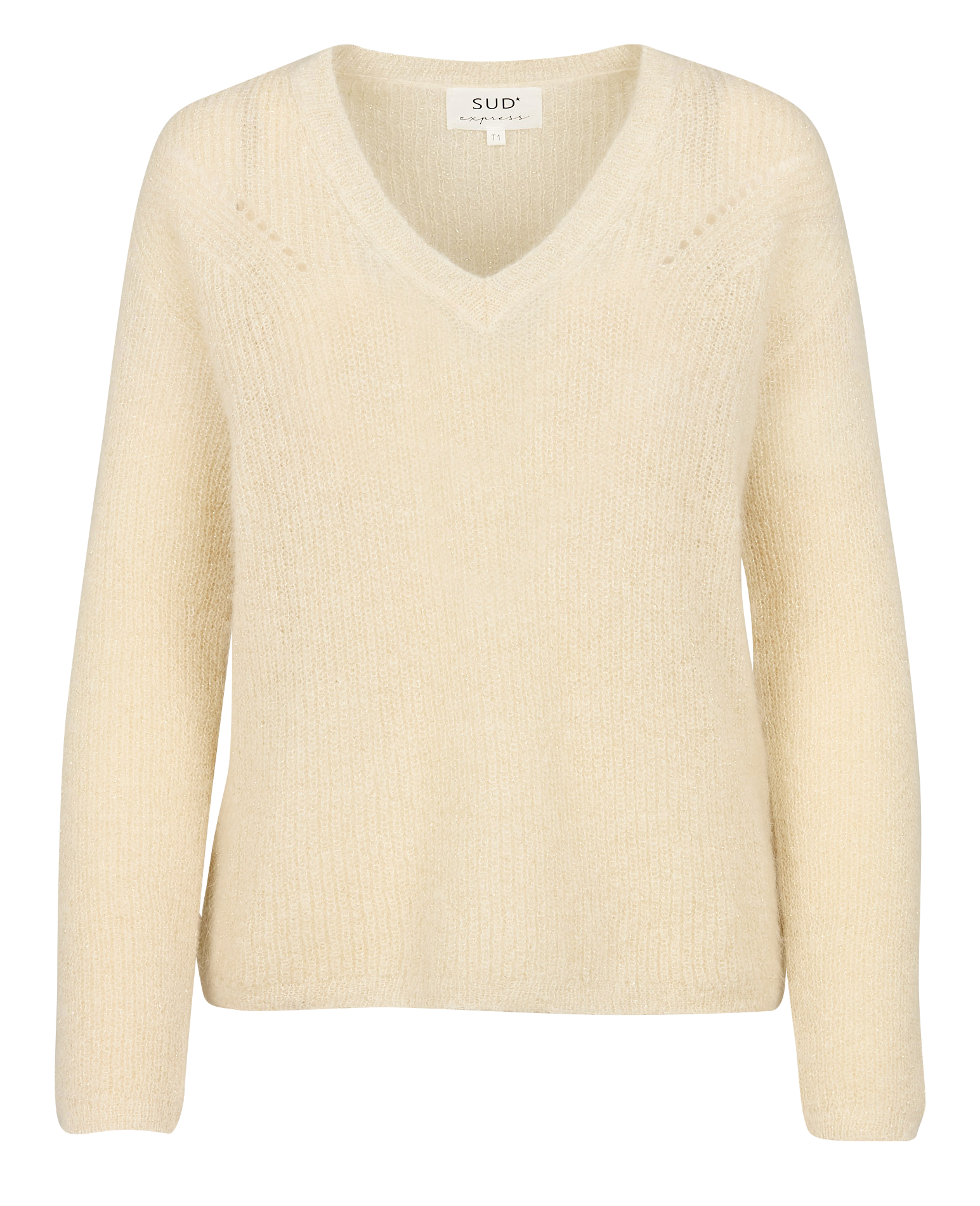 Pull droit col V métallisé en laine mélangée SUD EXPRESS Blanc