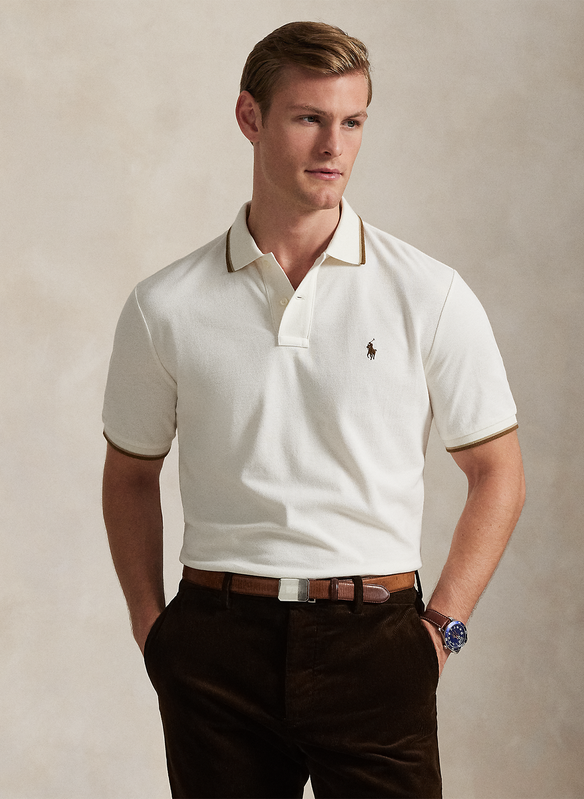 Block color slim-fit cotton piqué polo shirt POLO RALPH LAUREN Beige