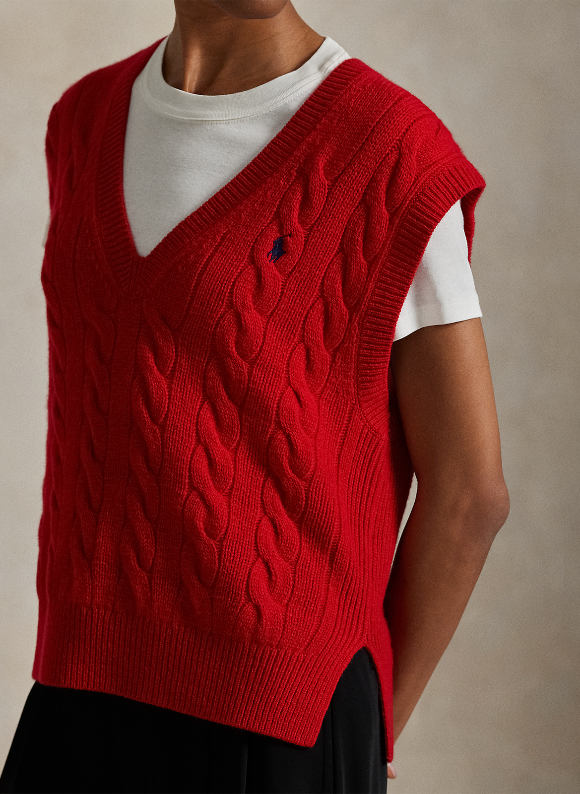 Pull droit col V en laine mélangée POLO RALPH LAUREN Rouge