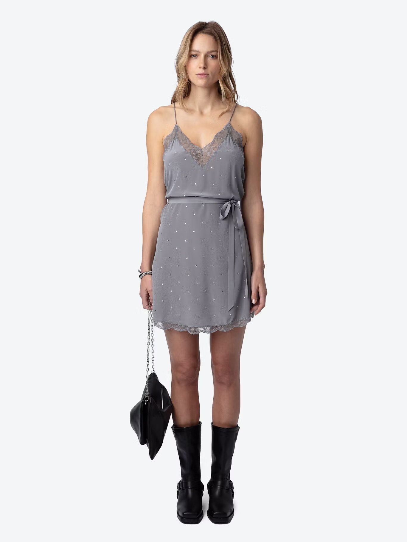 Robe courte caraco à strass en soie  ZADIG&VOLTAIRE Gris