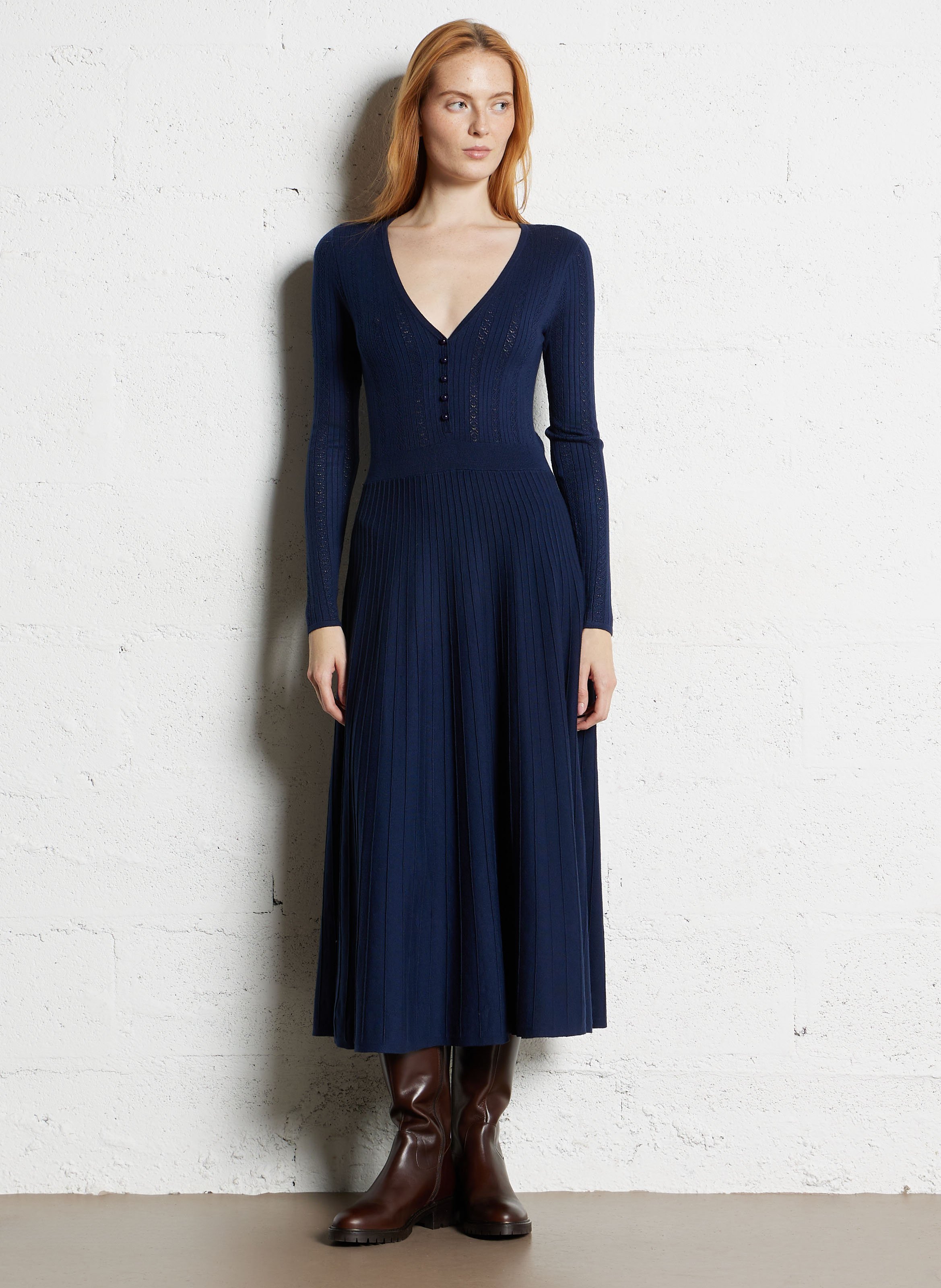 Midi dress with plunge V-neck PETITE MENDIGOTE Blue