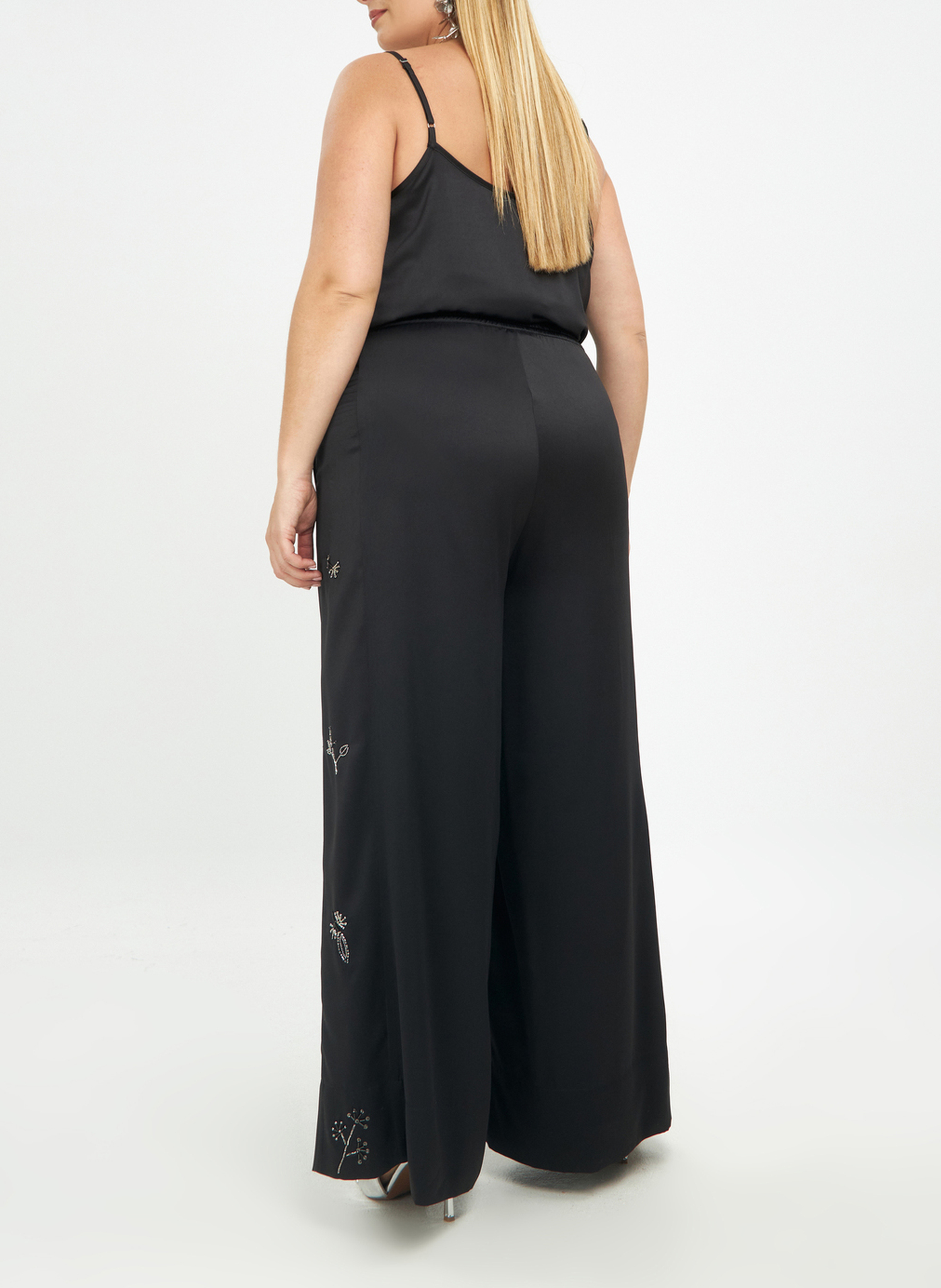 Pantaloni dritti satinati con motivi ricamati MAT FASHION Nero