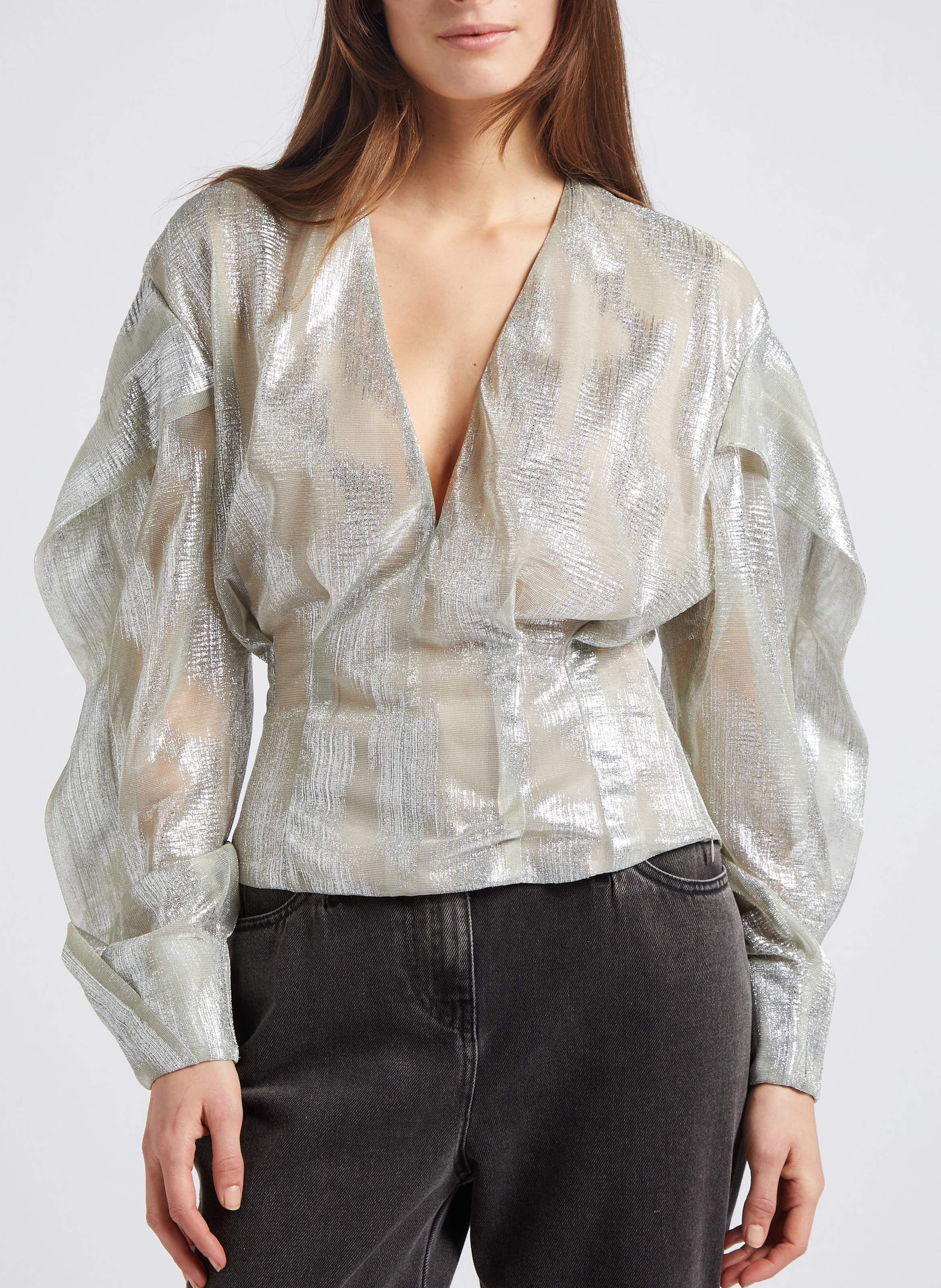 Top col V jacquard métallisé  IRO Argent