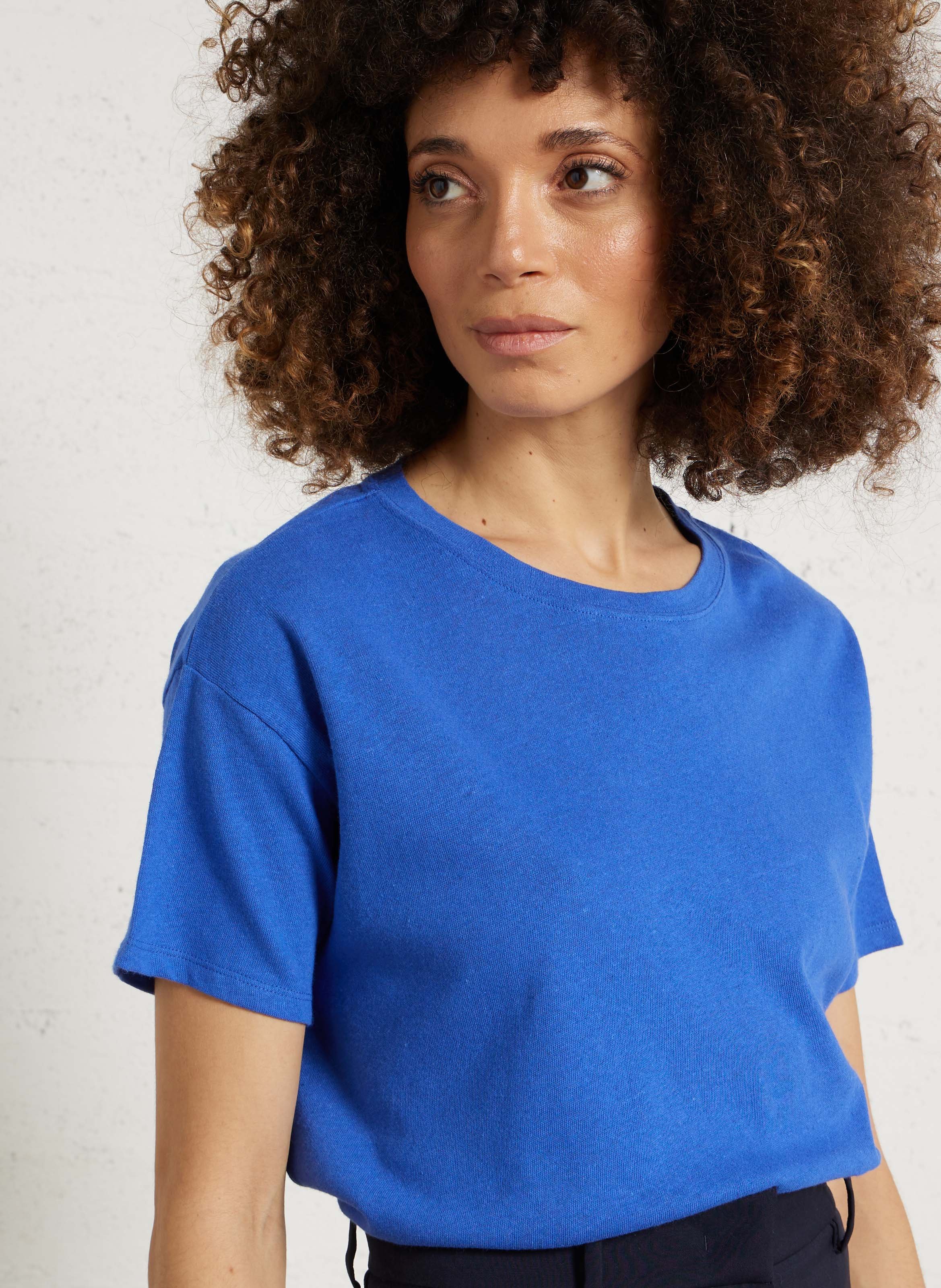 Short-sleeve plain linen and cotton t-shirt MAJESTIC FILATURES Blue