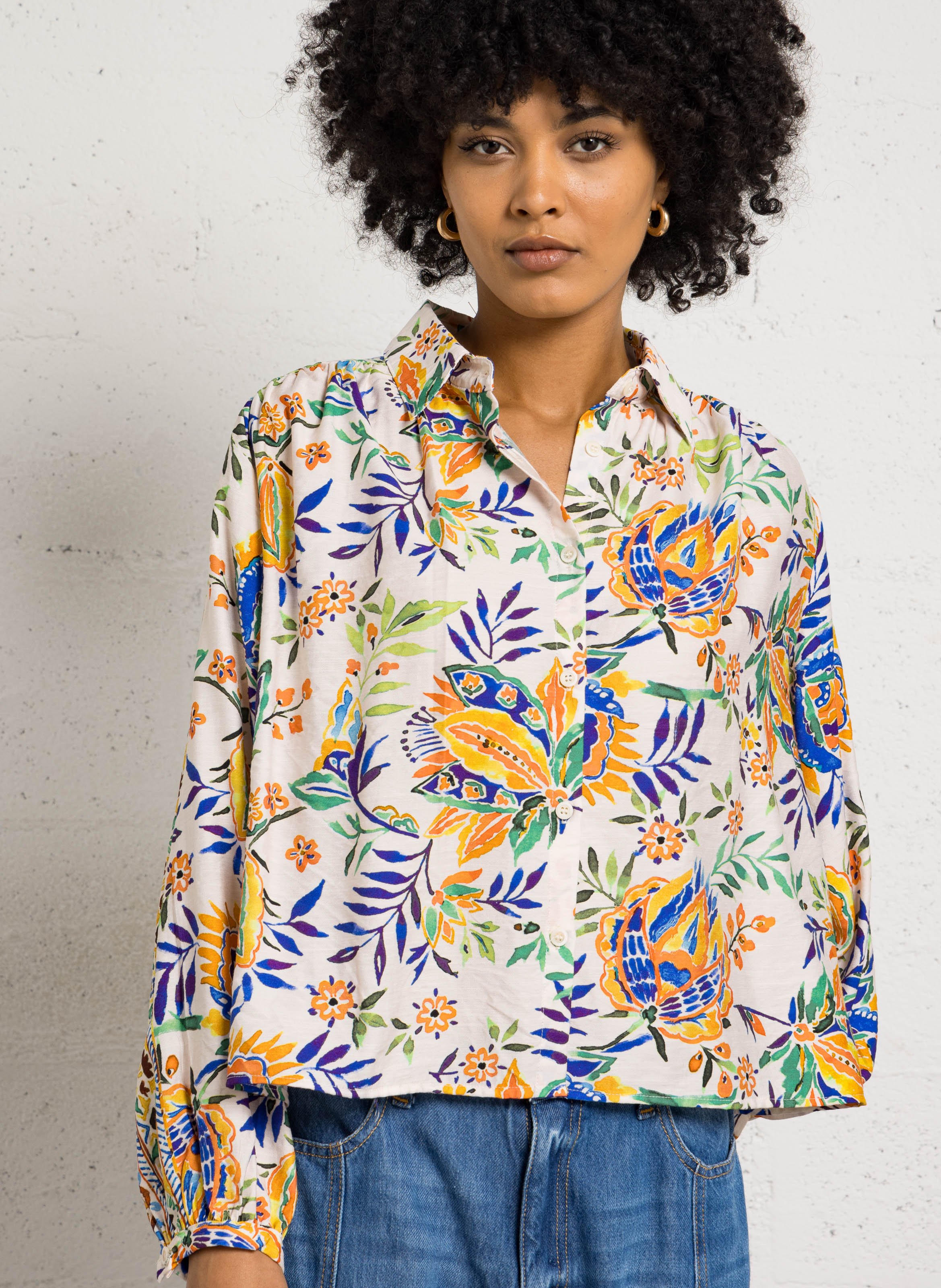 Straight classic collar printed shirt SEE U SOON White