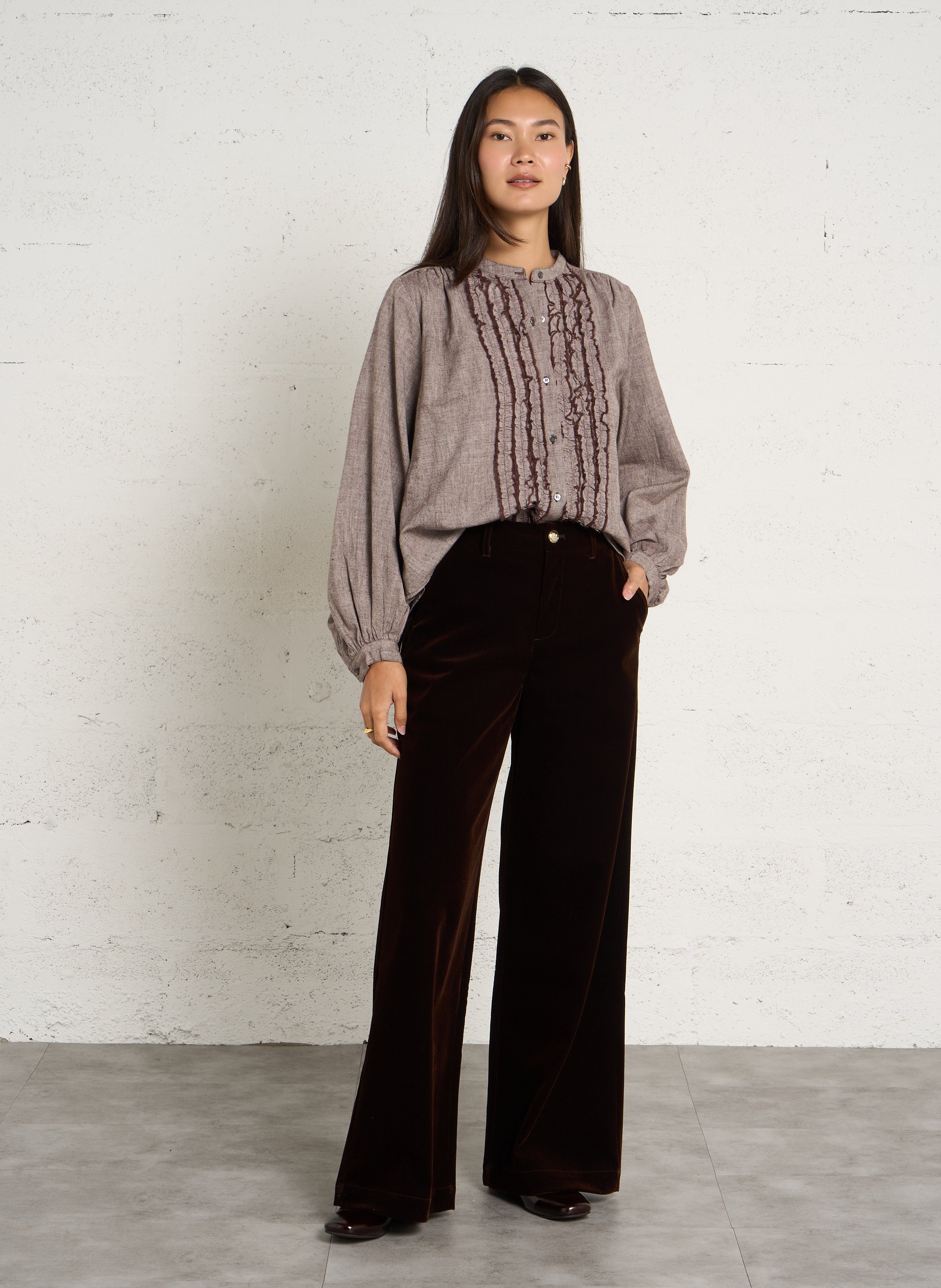Blouse ample à volants en coton FEEKA Marron