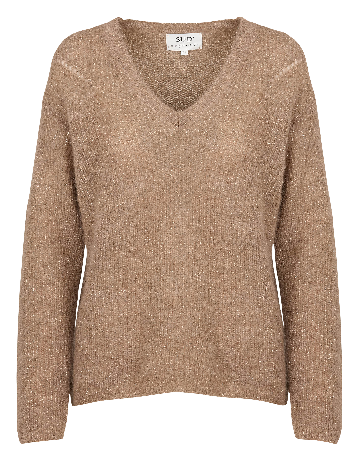 Pull droit col V métallisé en laine mélangée SUD EXPRESS Marron
