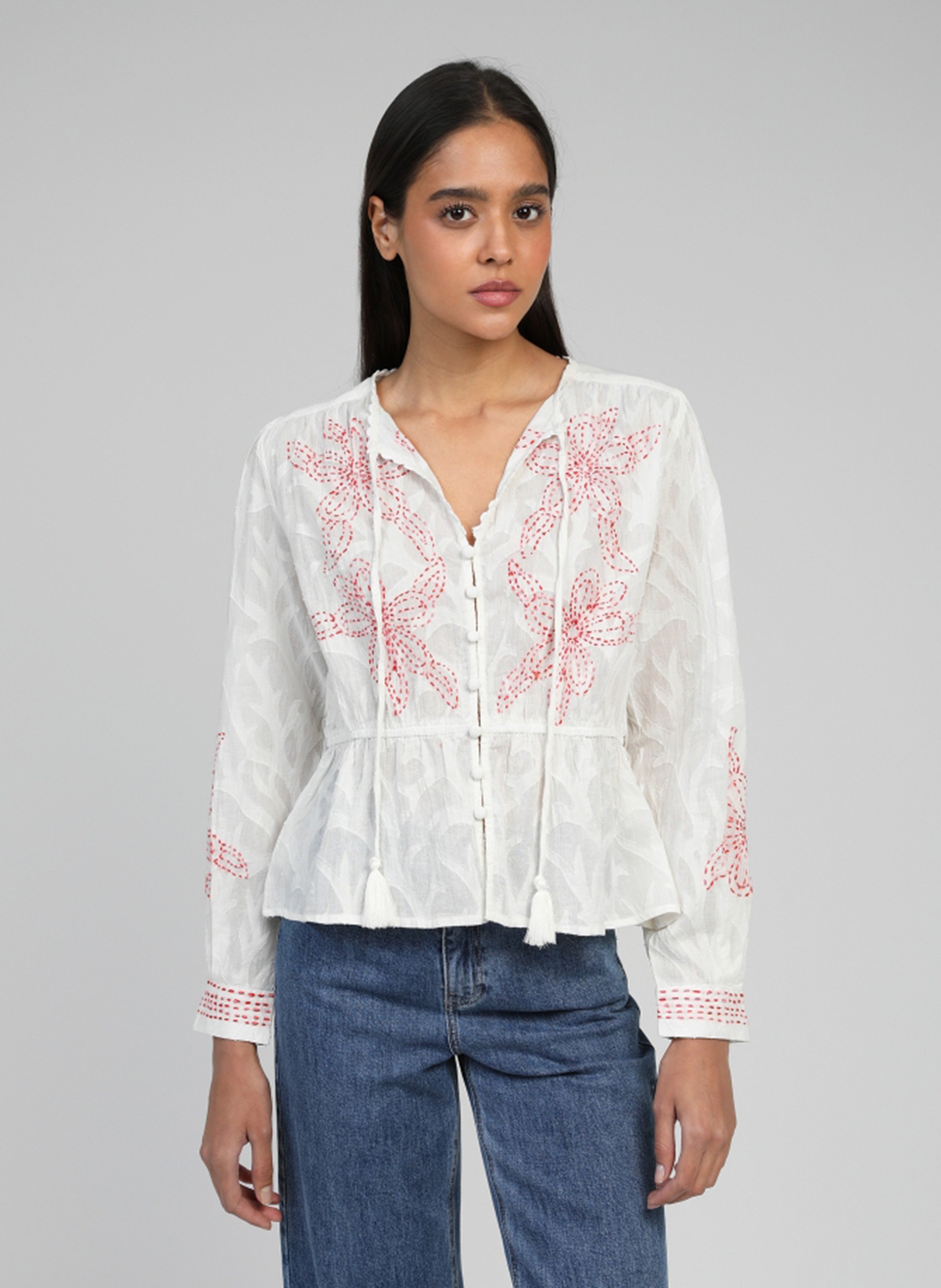 Straight blouse in embroidered cotton AN'GE Beige