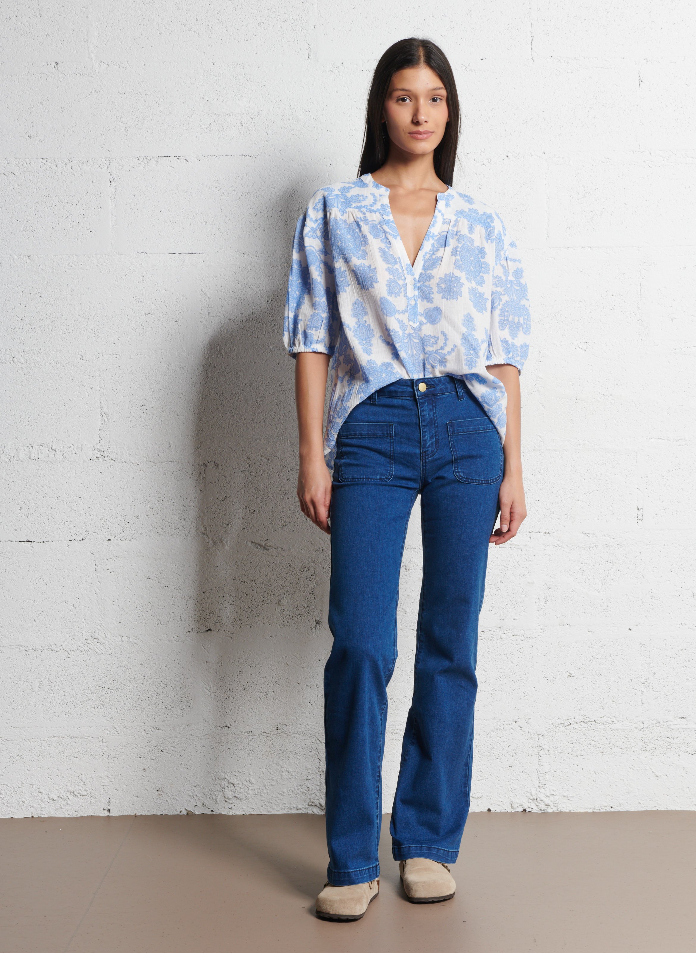 Blouse droite en coton mélangé imprimé MAISON 123 Bleu