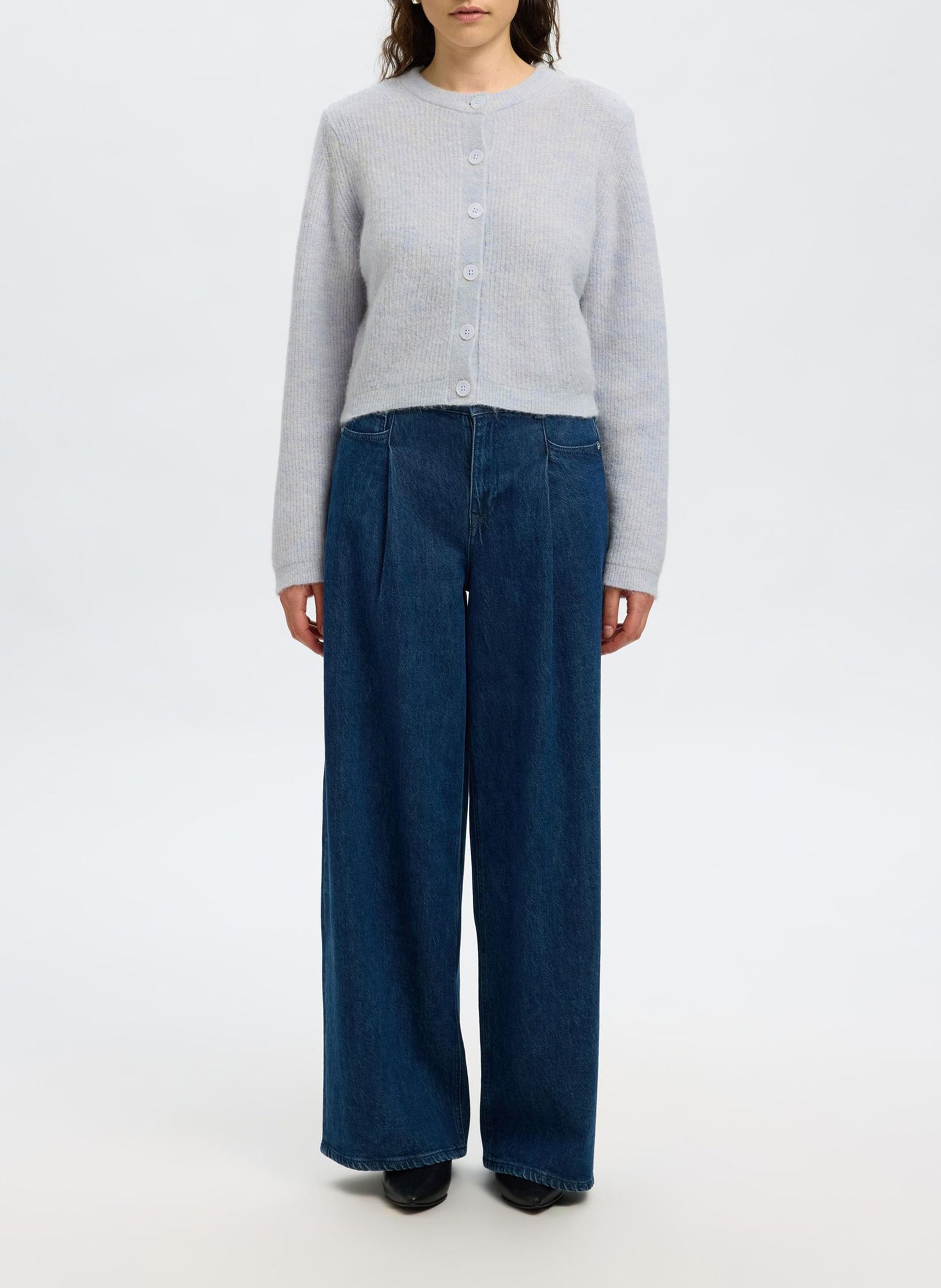 Cardigan droit col rond en laine mélangée SELECTED Bleu