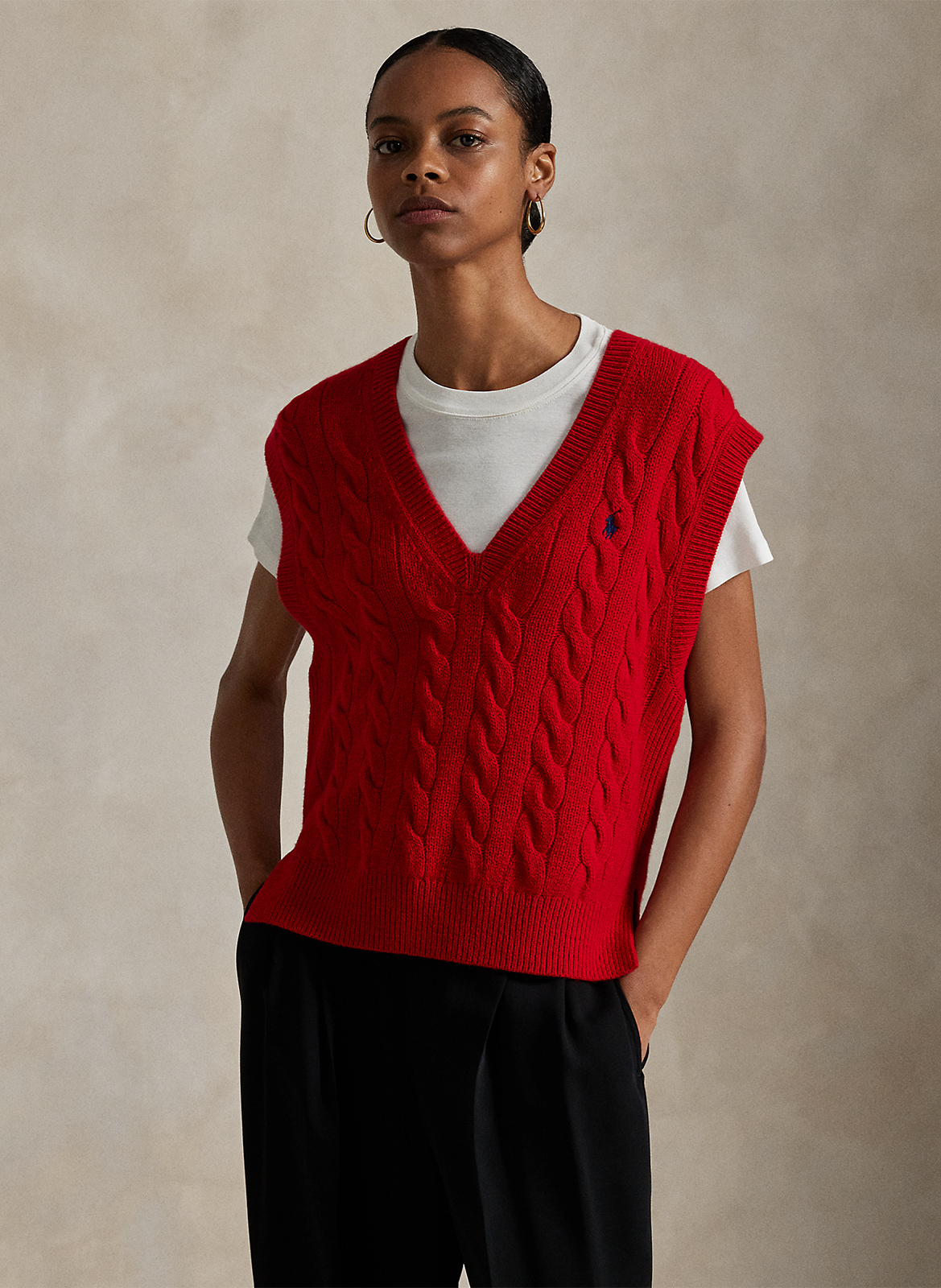 Pull droit col V en laine mélangée POLO RALPH LAUREN Rouge