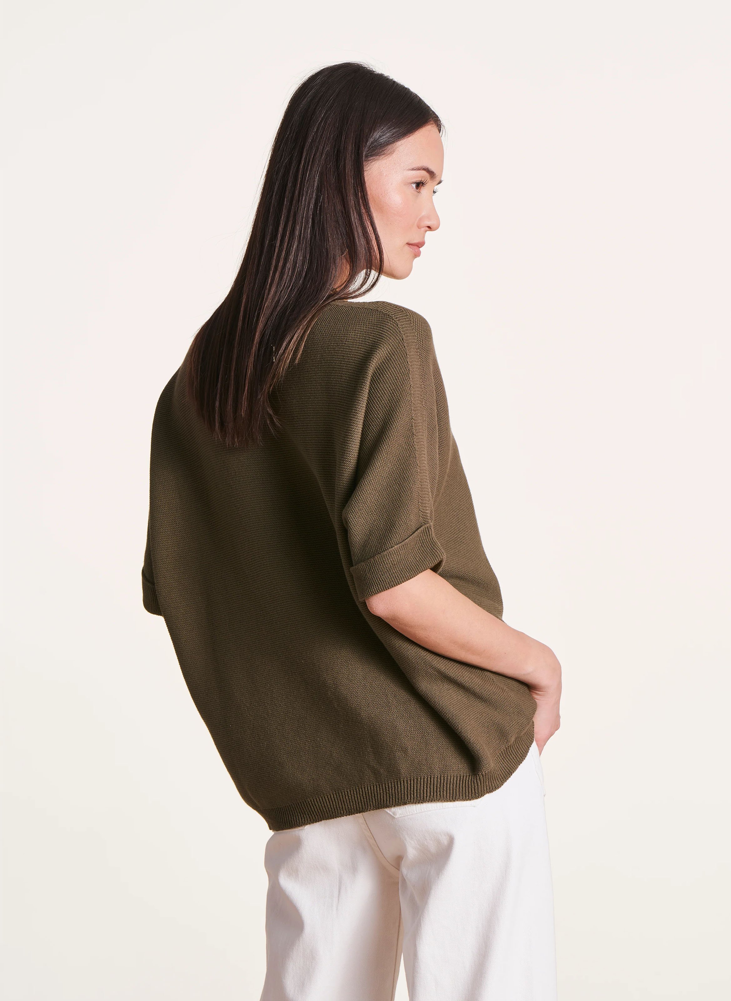 Loose-fit V-neck knit top Green