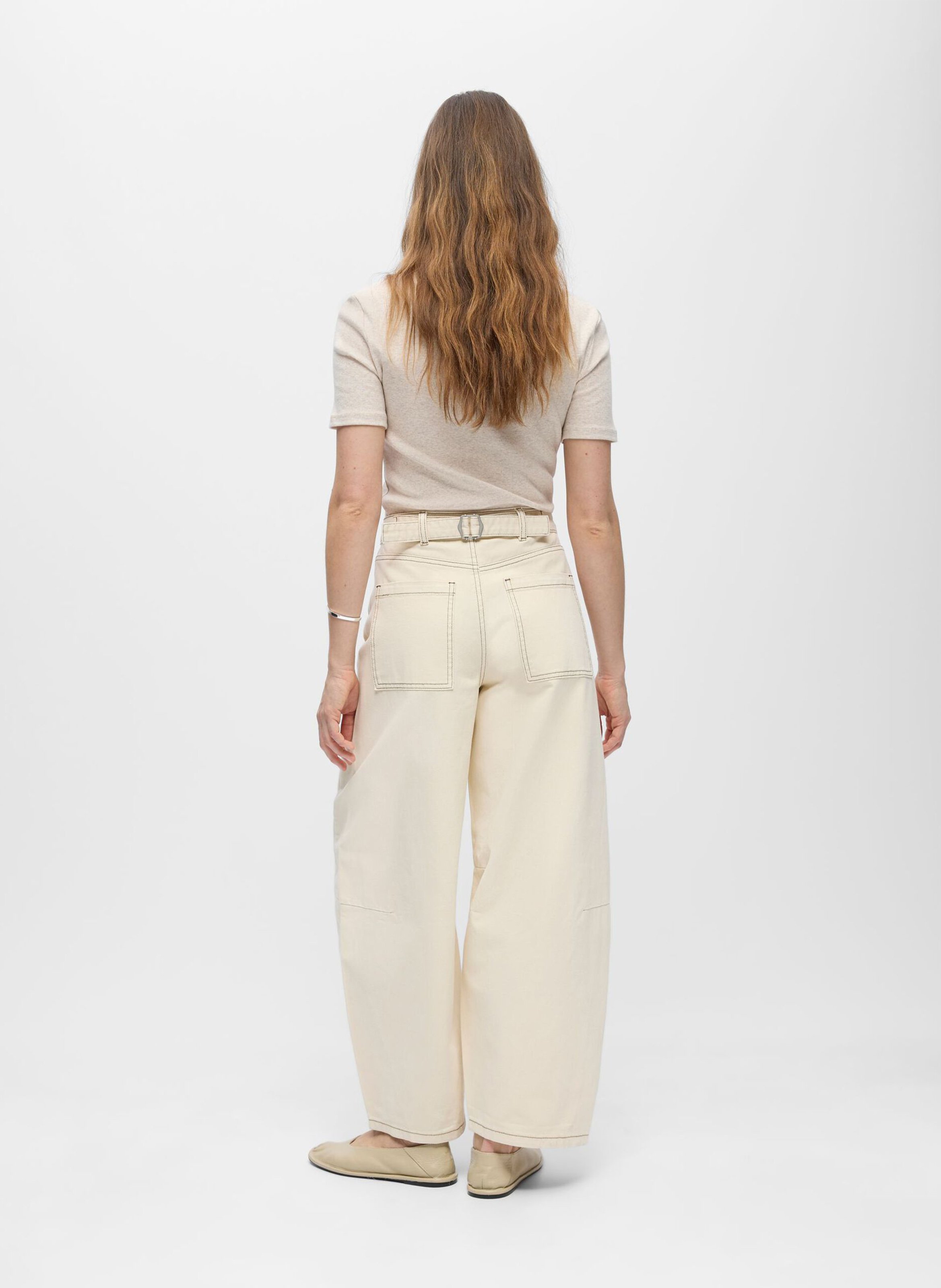 Jean barrel à surpiqûres contrastées OBJECT Beige