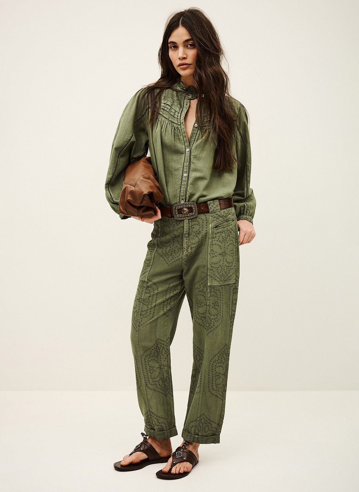 Pantalon droit en coton BA&SH Kaki