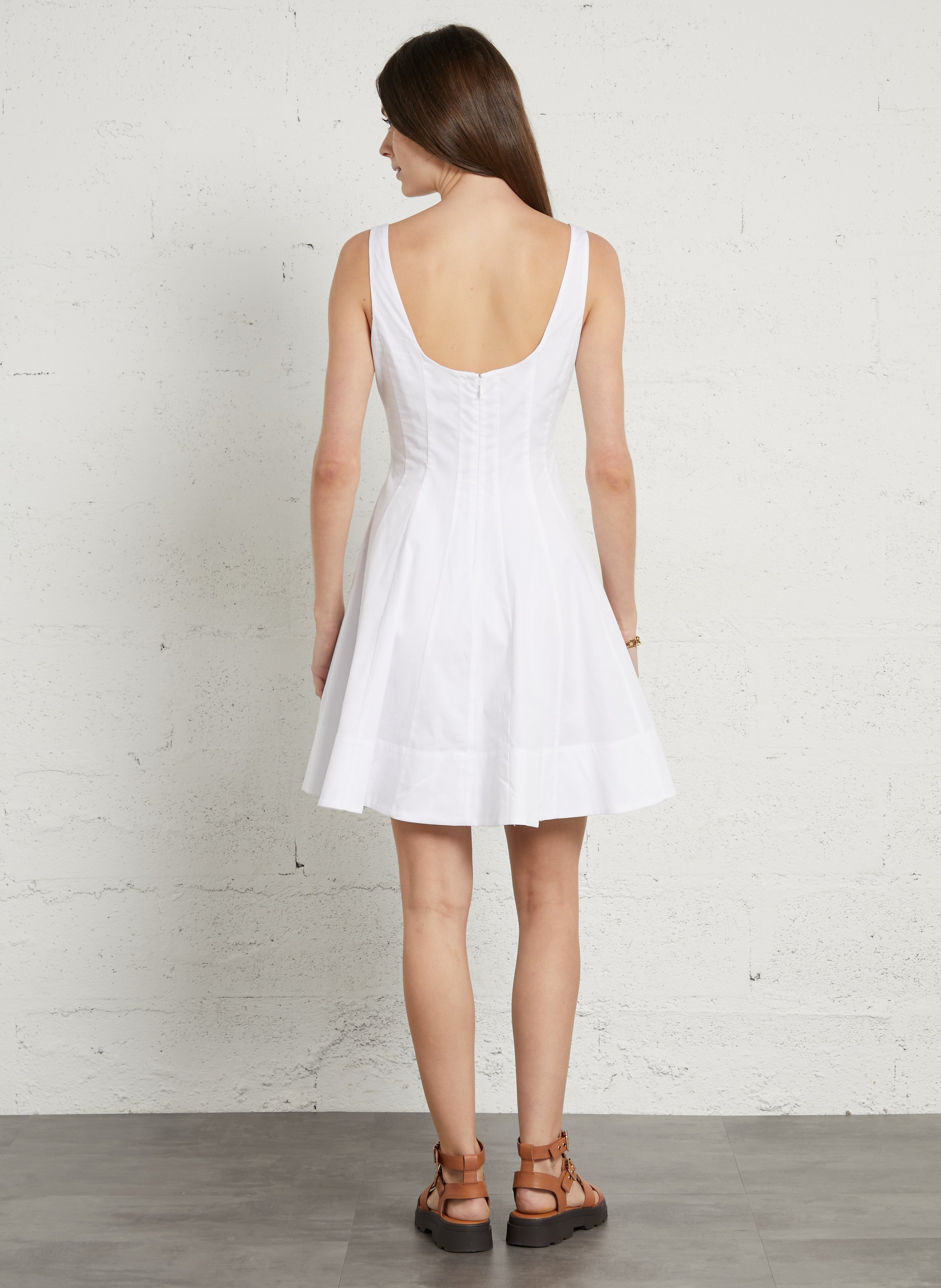 Short flared square-neck cotton stretch dress | White STAUD Women