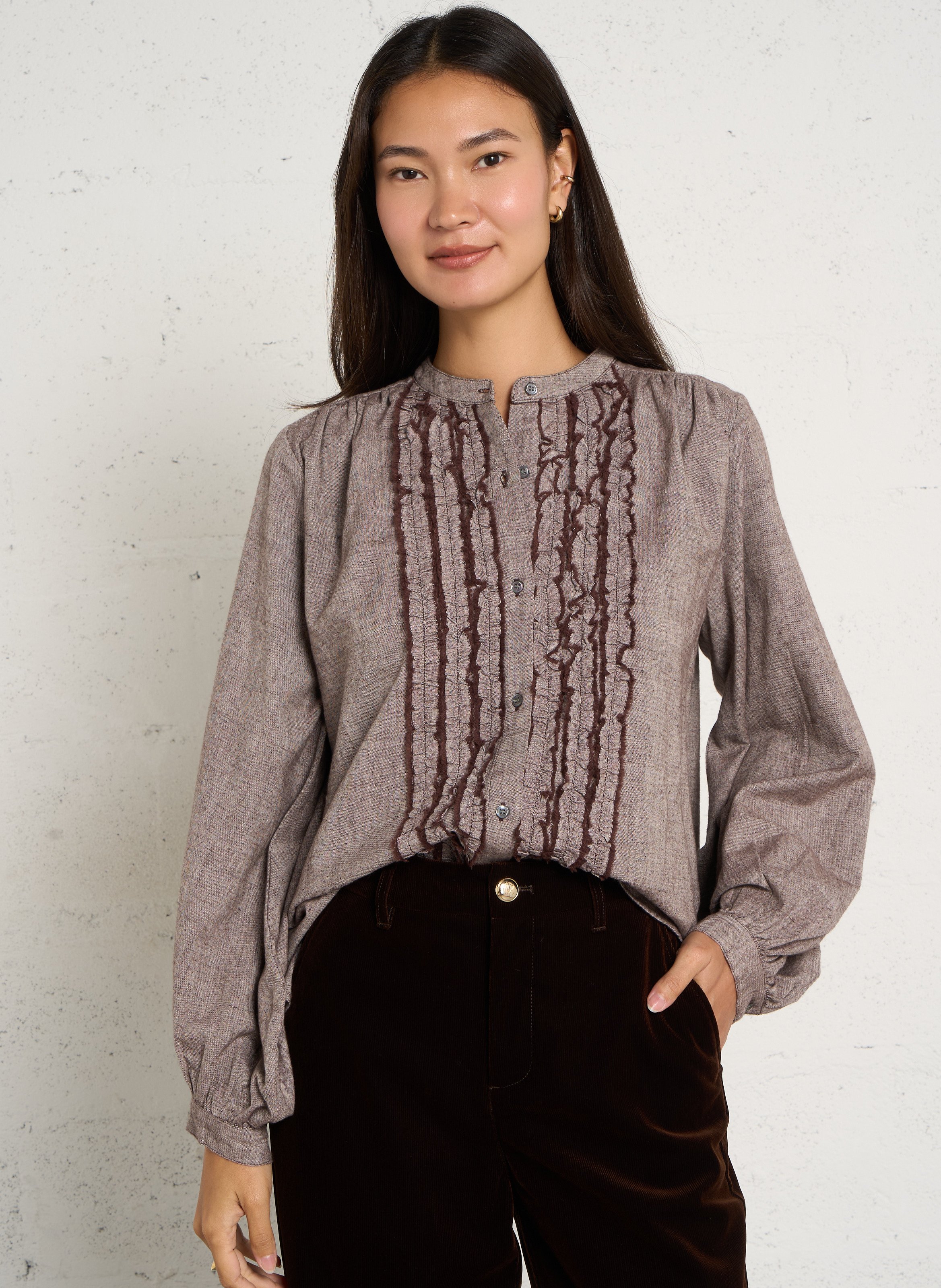 Blouse ample à volants en coton FEEKA Marron