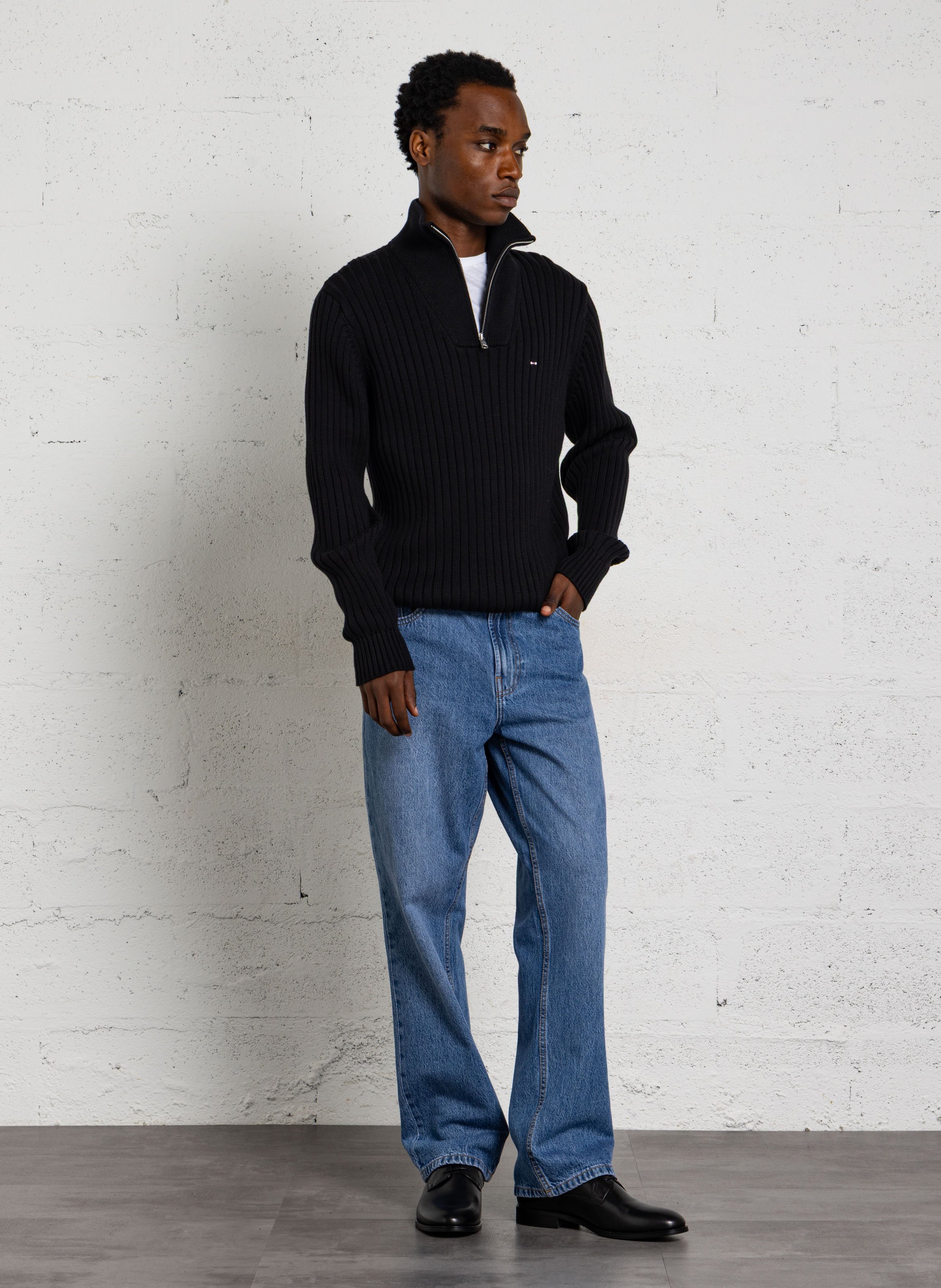 Straight-fit ribbed cotton zip-up high-neck sweater EDEN PARK Black