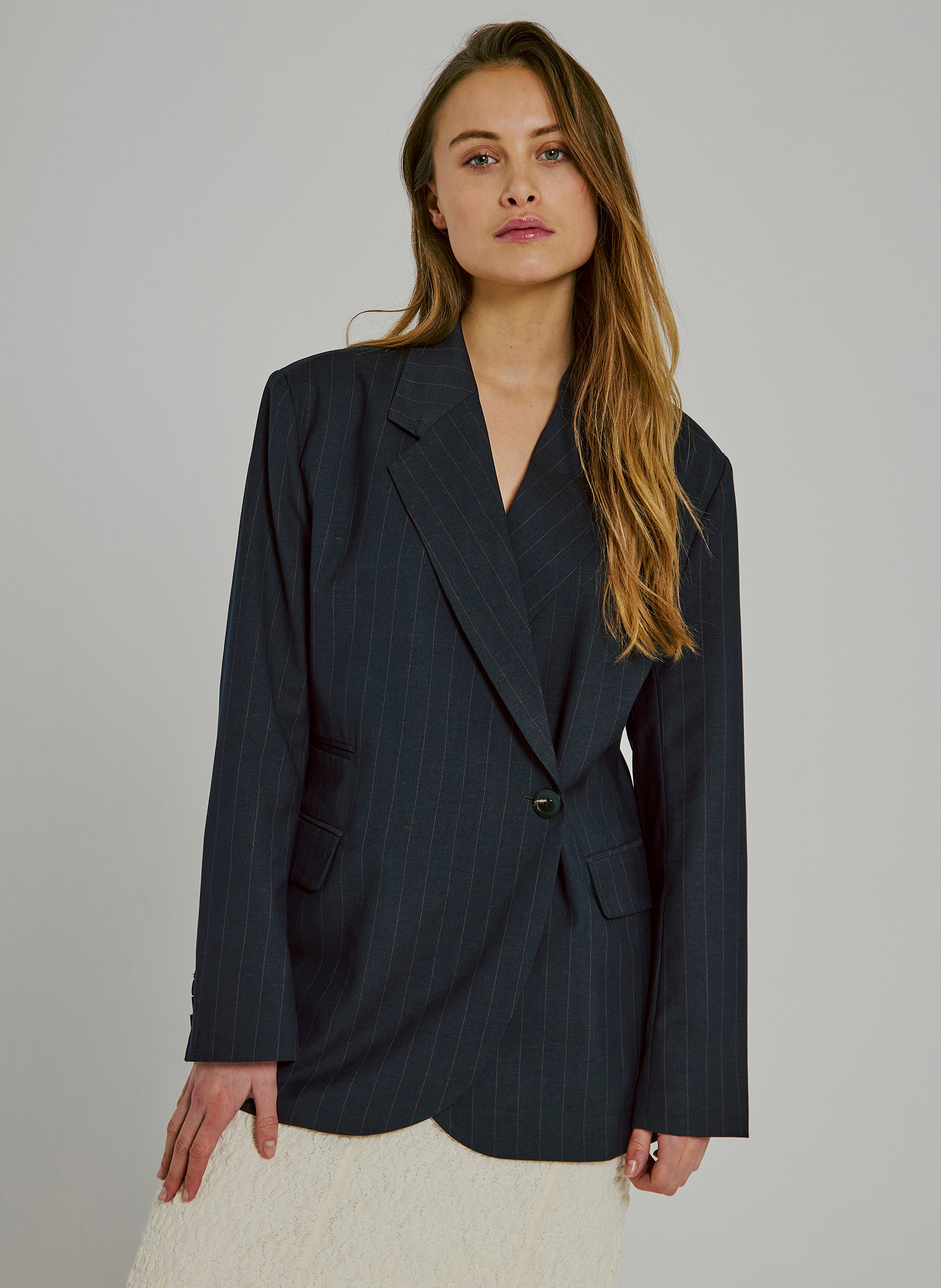 Straight blazer jacket with fine stripes NORR Brown