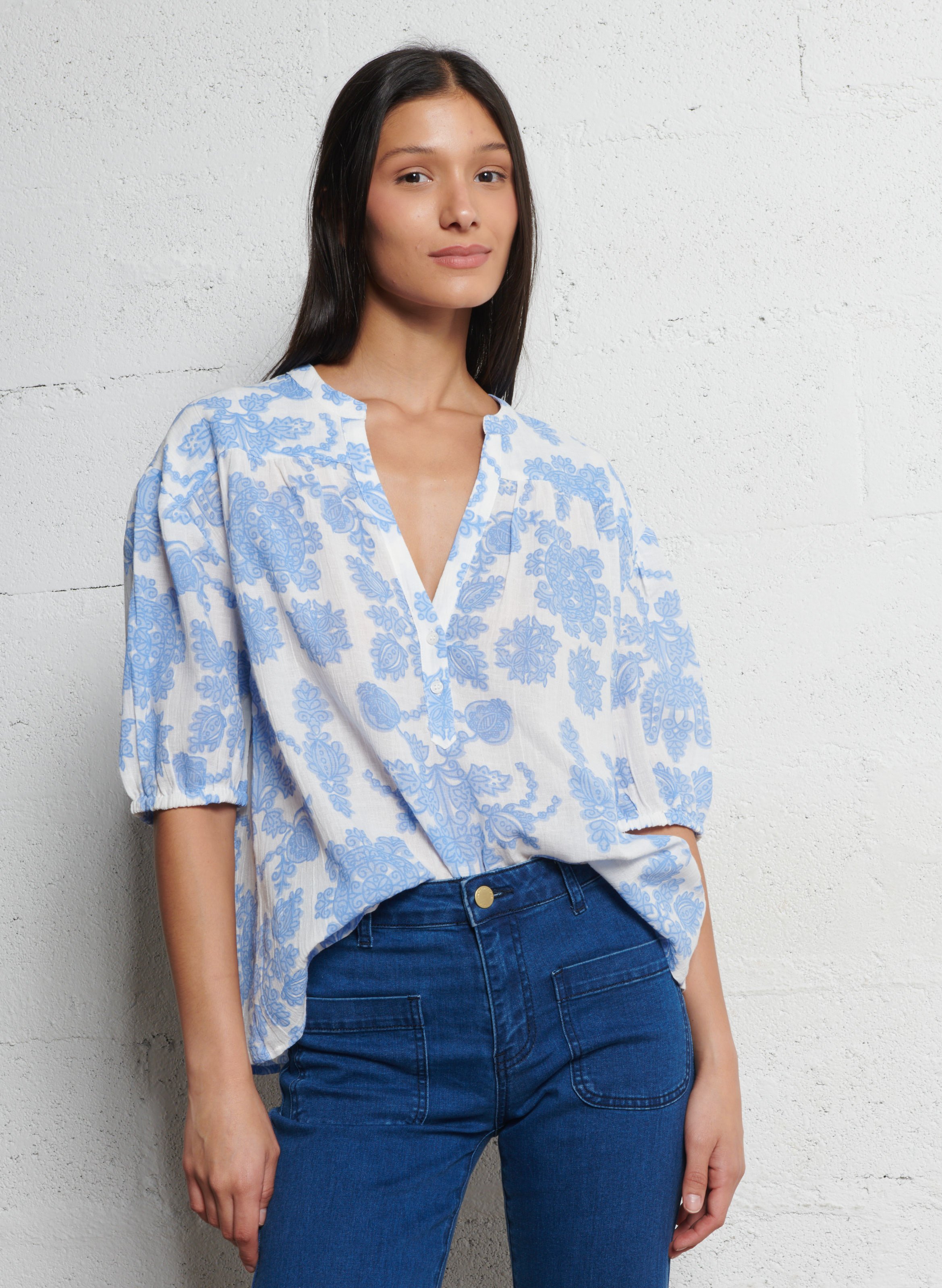 Blouse droite en coton mélangé imprimé MAISON 123 Bleu