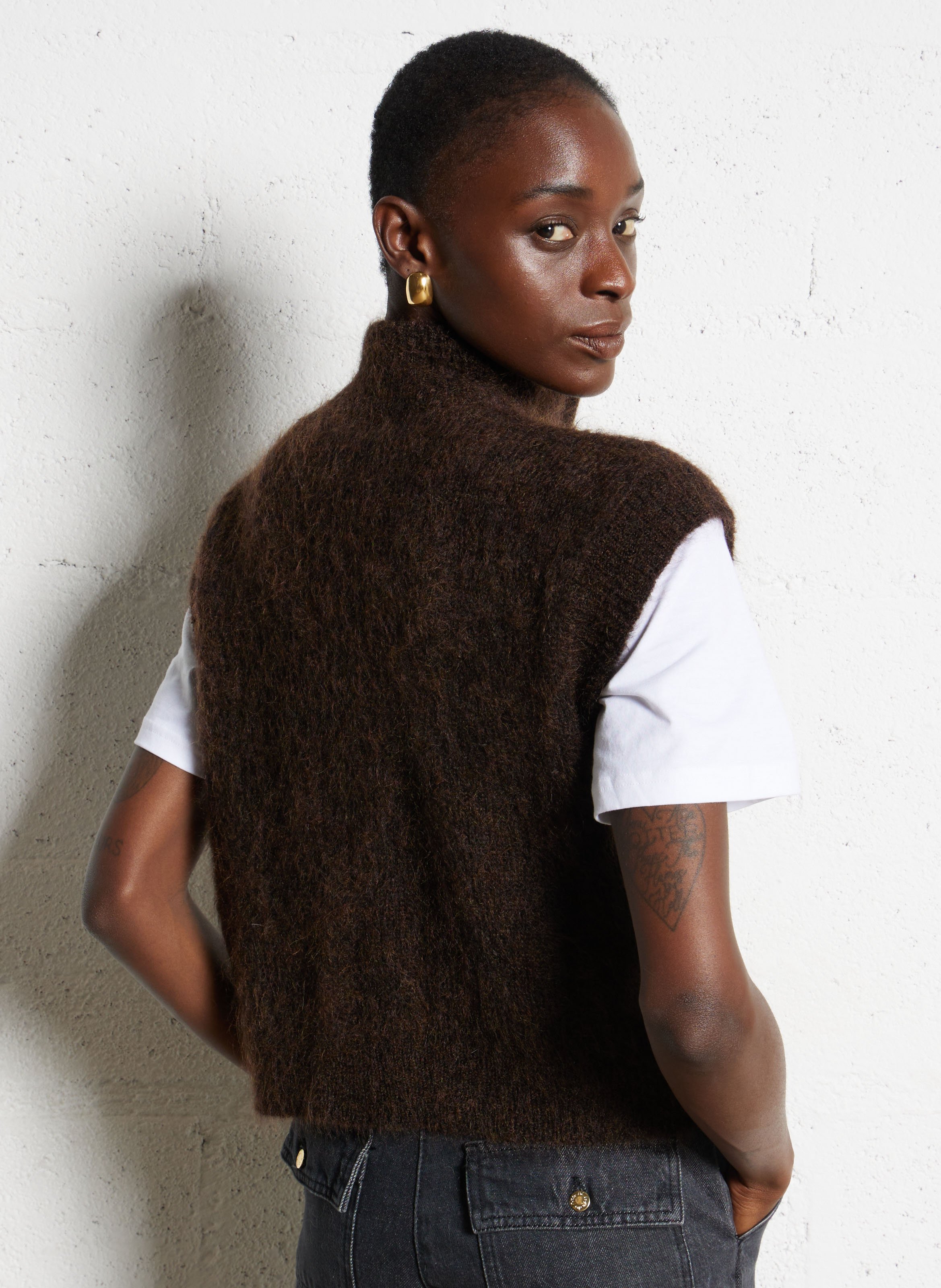 Vest met opstaande kraag - wolblend DES PETITS HAUTS Bruin