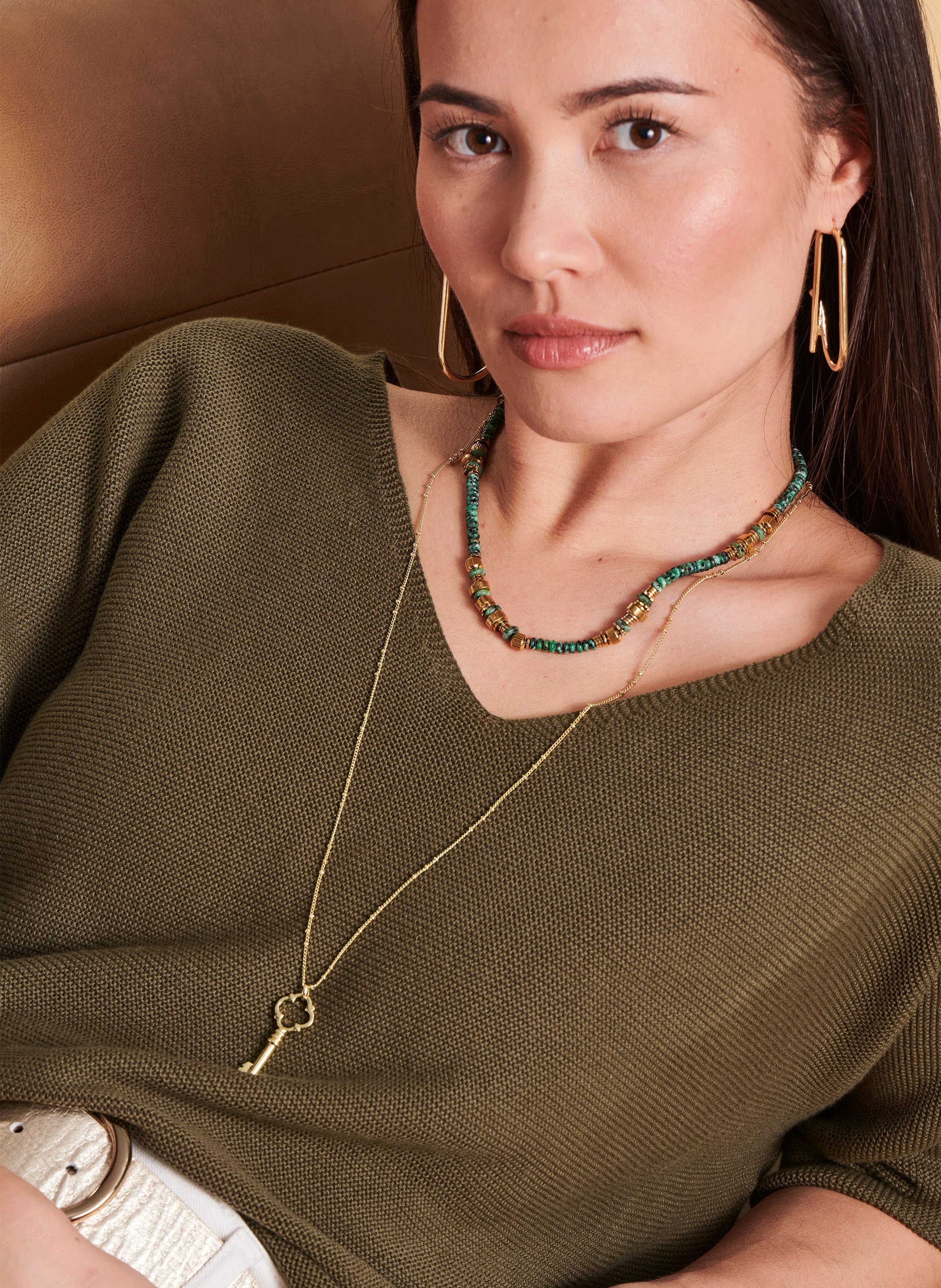 Loose-fit V-neck knit top Green