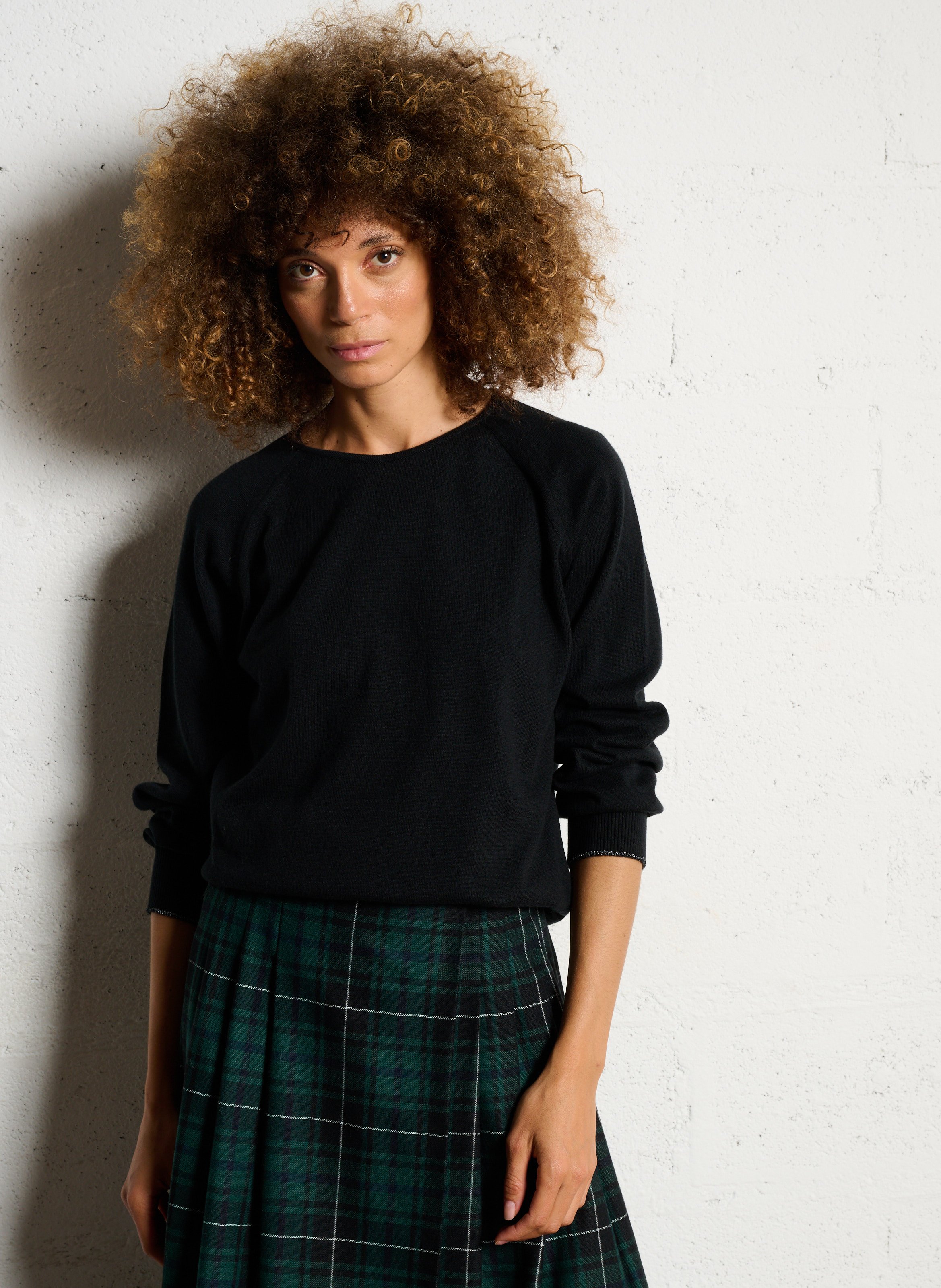 Pull droit col rond en coton et laine mélangé ONE STEP Noir