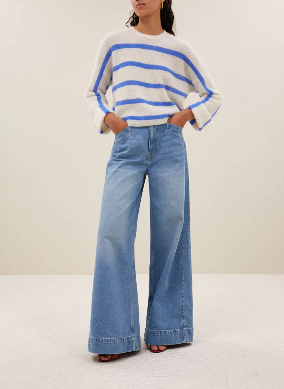Ruimvallende, gestreepte trui | wolblend BY BAR Blauw