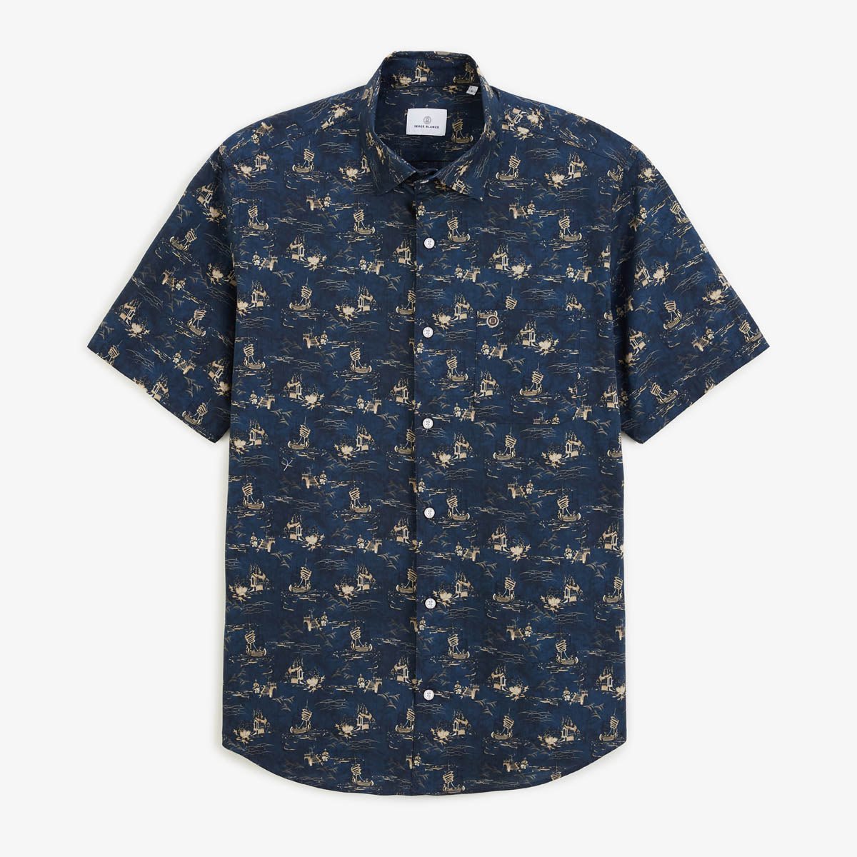 Short-sleeved Caracas shirt in printed cotton boats SERGE BLANCO Blue