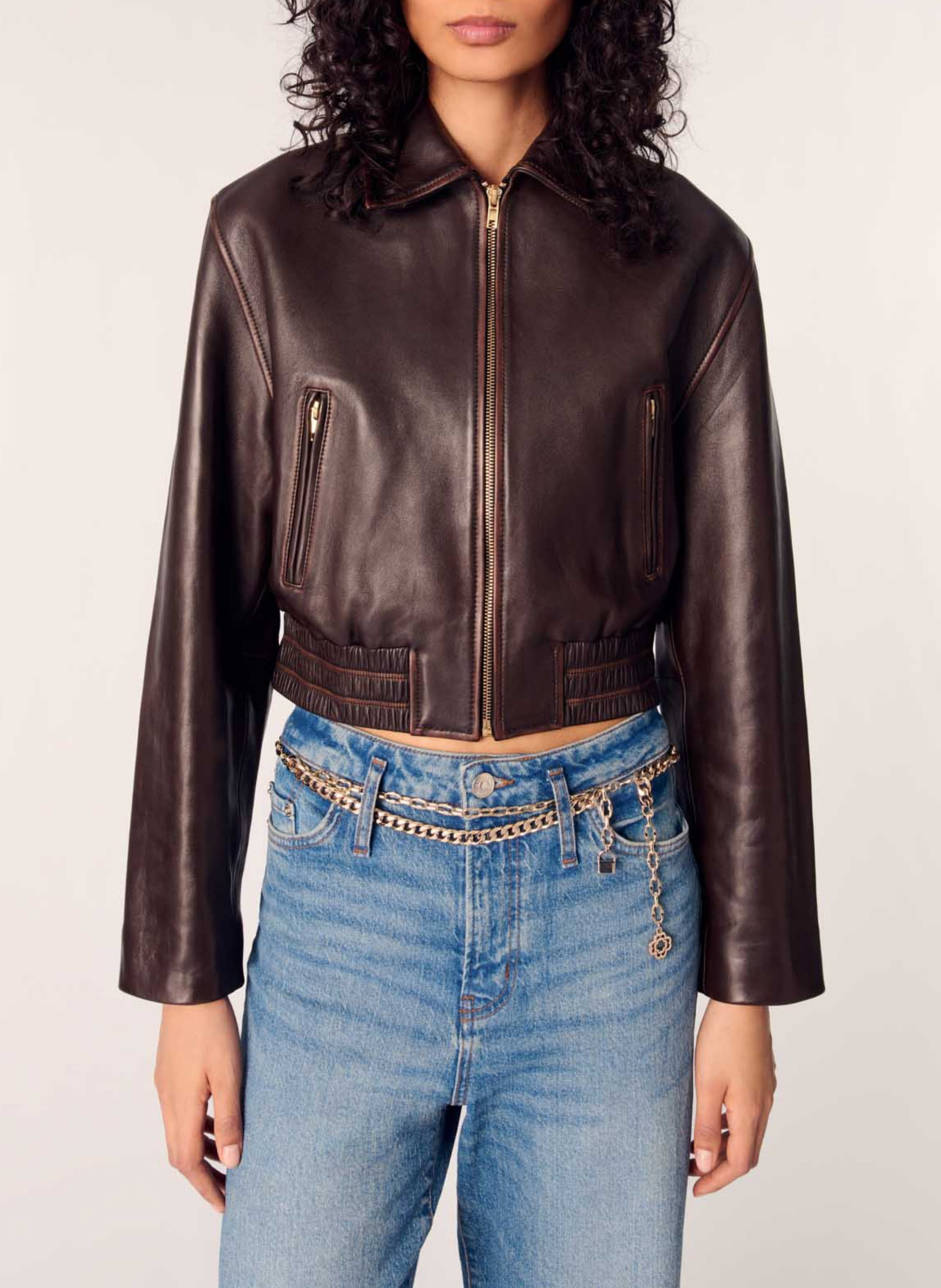 Cactus short zipped leather jacket MAJE Brown