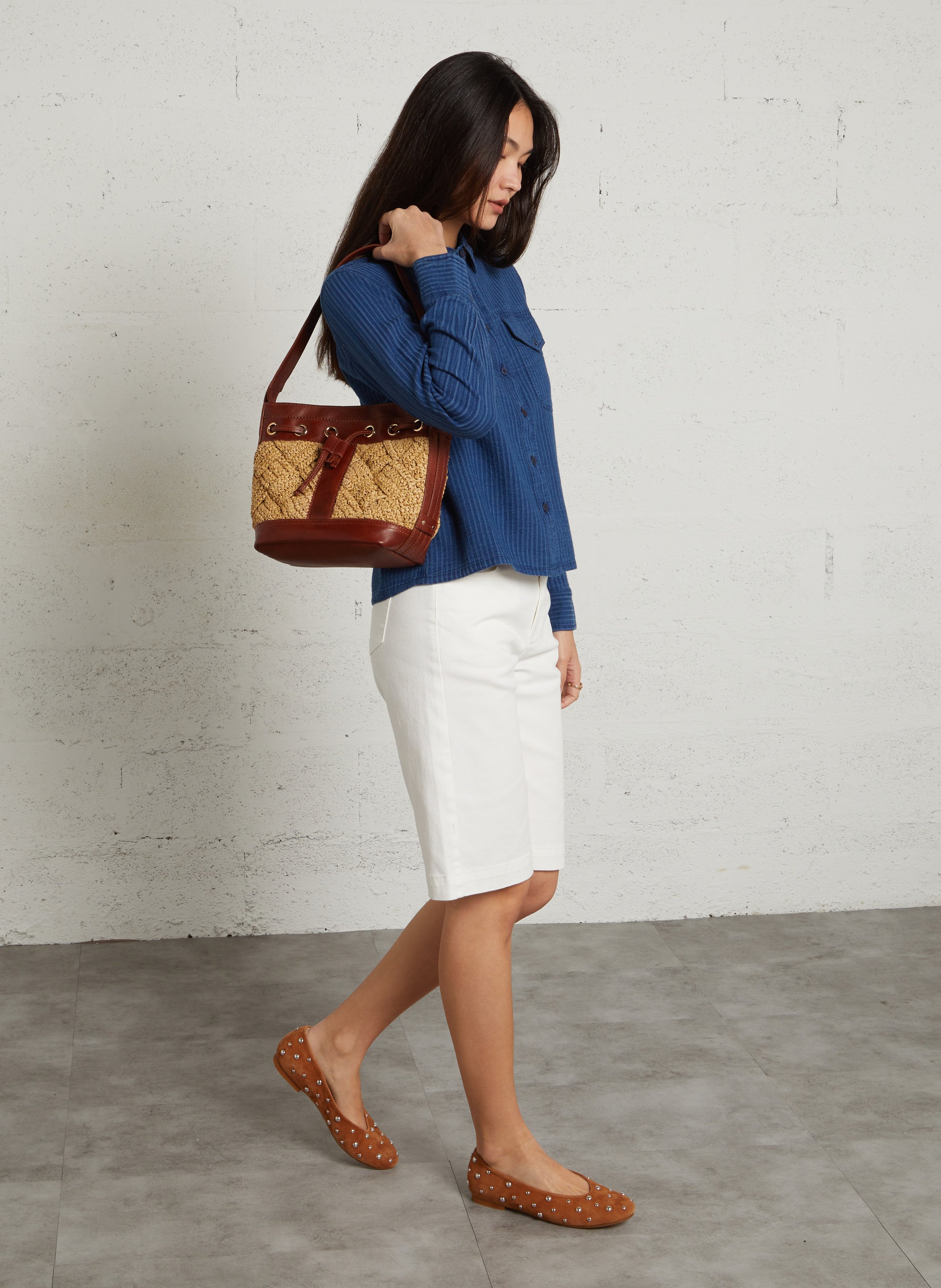 Raffia and leather bucket bag MAISON 123 White