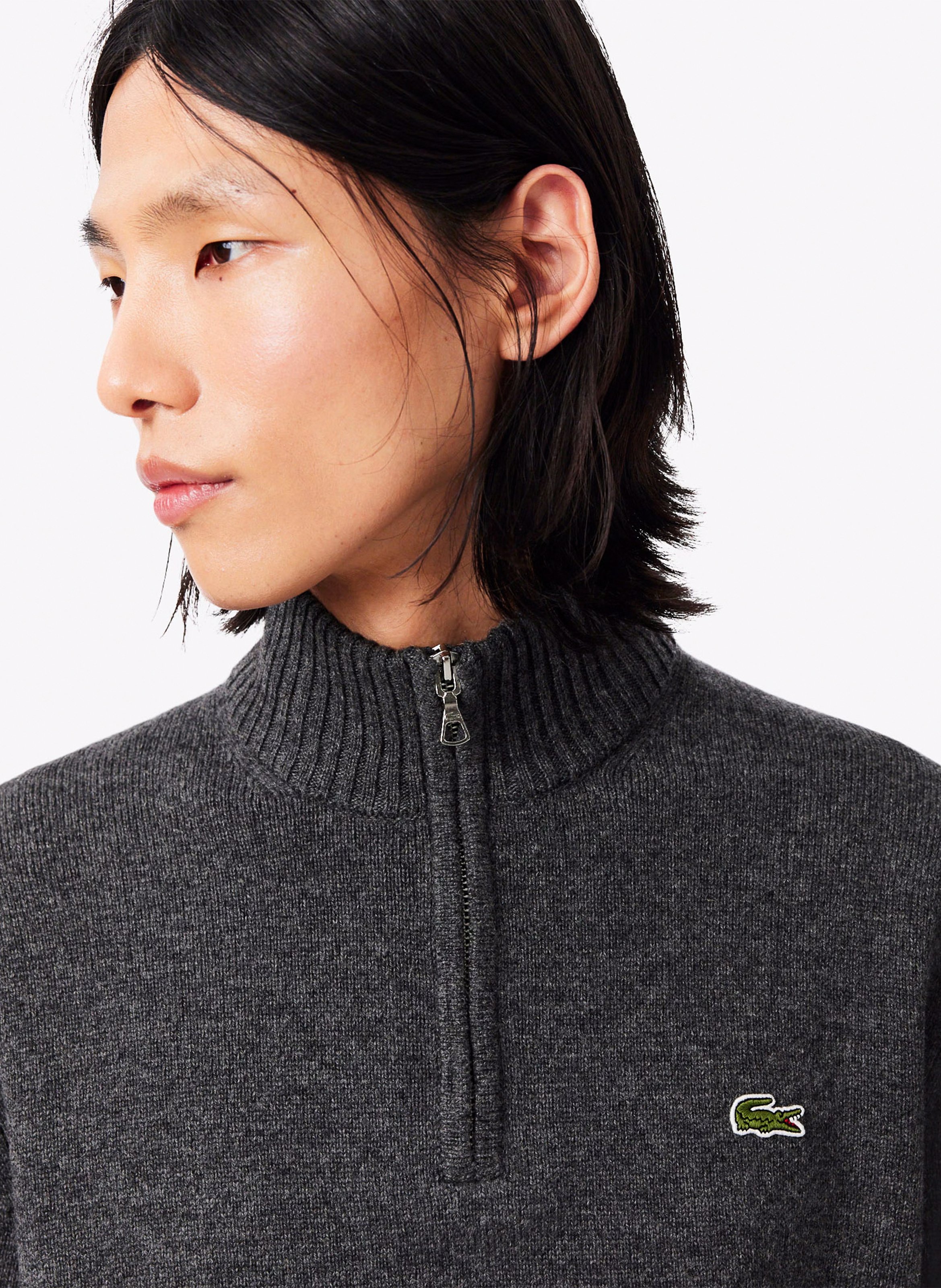 Pull droit col montant zippé en laine | Gris LACOSTE Homme