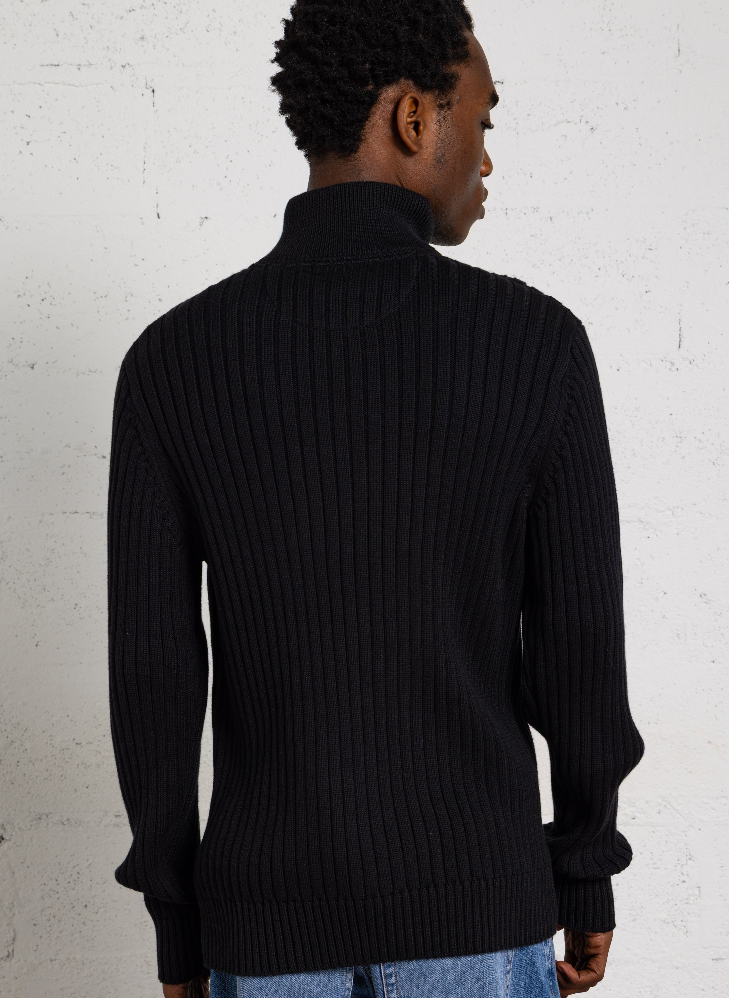 Straight-fit ribbed cotton zip-up high-neck sweater EDEN PARK Black