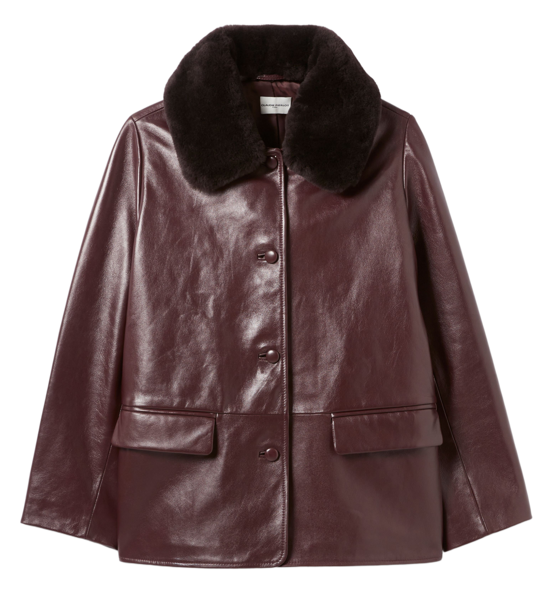 Veste large unie à col fourrure en cuir  CLAUDIE PIERLOT Rouge